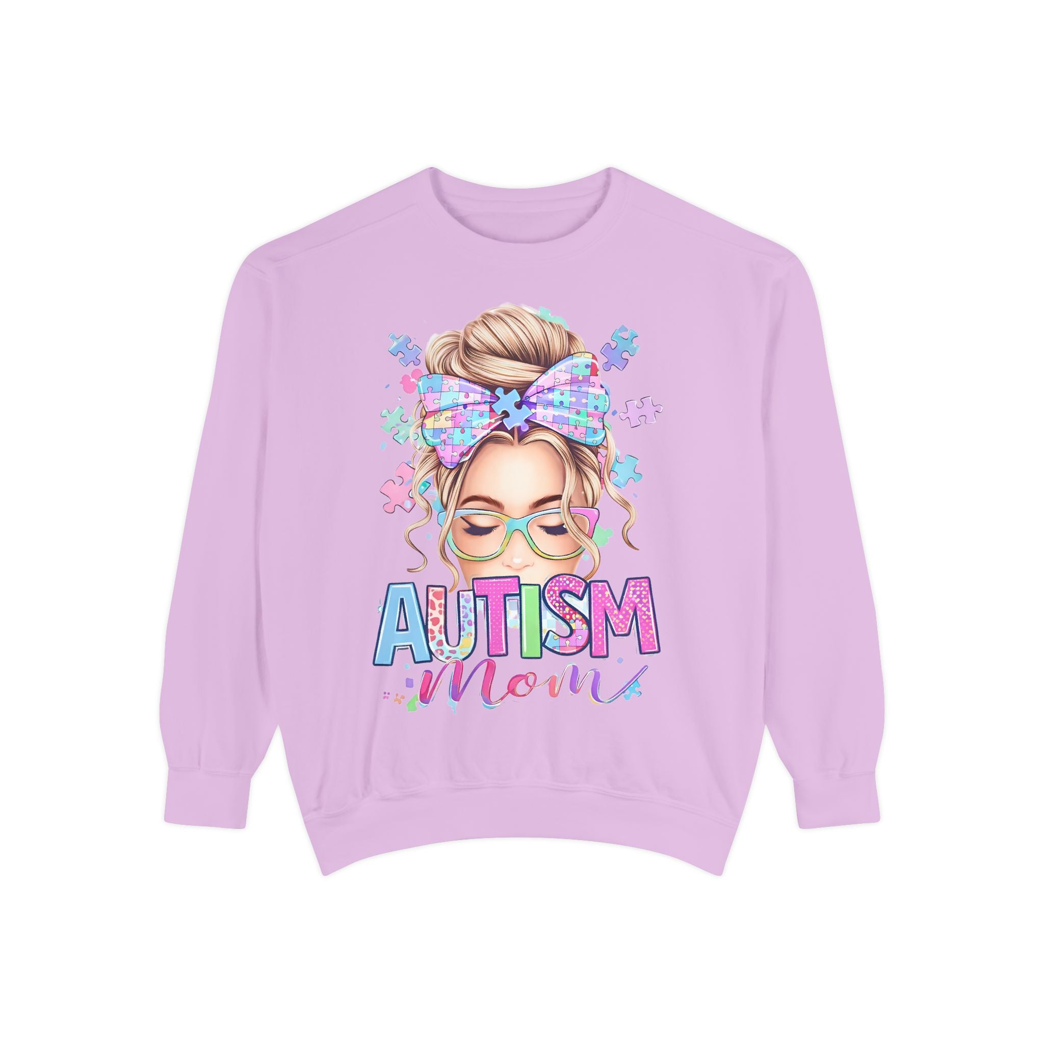Autism Mom Sweatshirt — Puzzle-Print Headband & Pastel Logo Crewneck