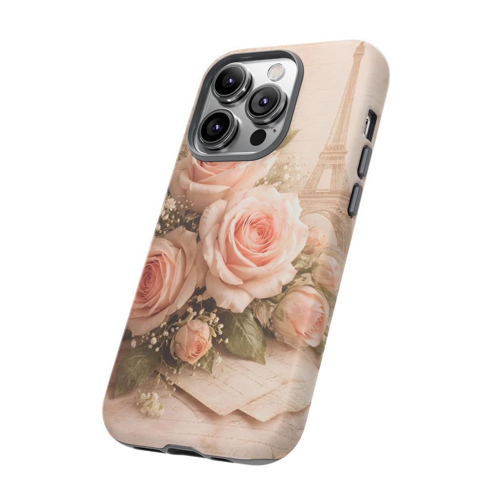Vintage Parisian Rose Phone Case – Eiffel Tower Floral Aesthetic Luxury iPhone Case, Romantic Antique Paris Phone Cover