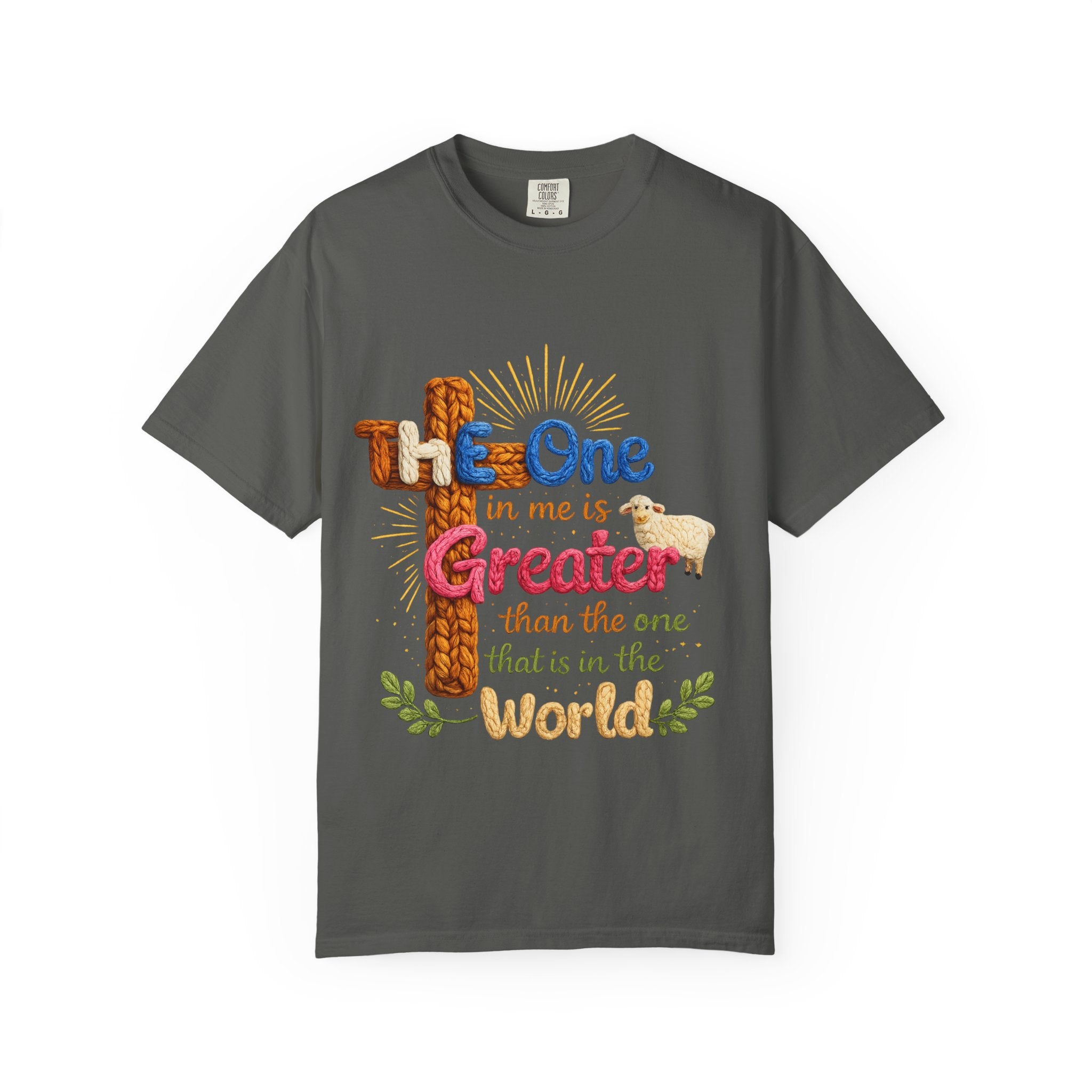 The One in Me Is Greater Shirt – Christian Crochet Style Graphic Tee, Faith Based Inspirational Bible Verse Shirt, Cute Religious Gift for Women
