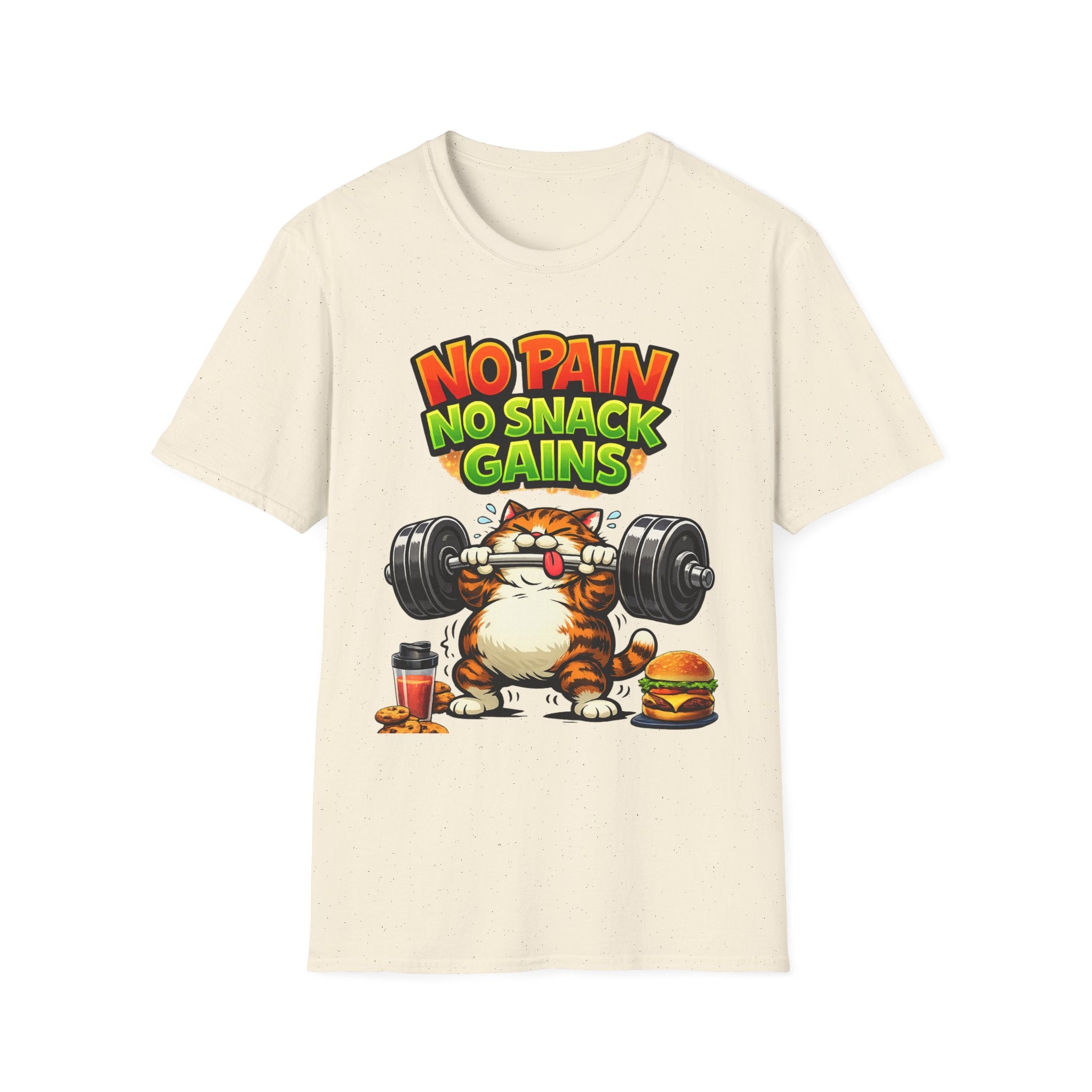 Funny Gym Cat Shirt, No Pain No Snack Gains Tee, Workout Motivation Shirt, Fitness Humor T-Shirt for Men & Women