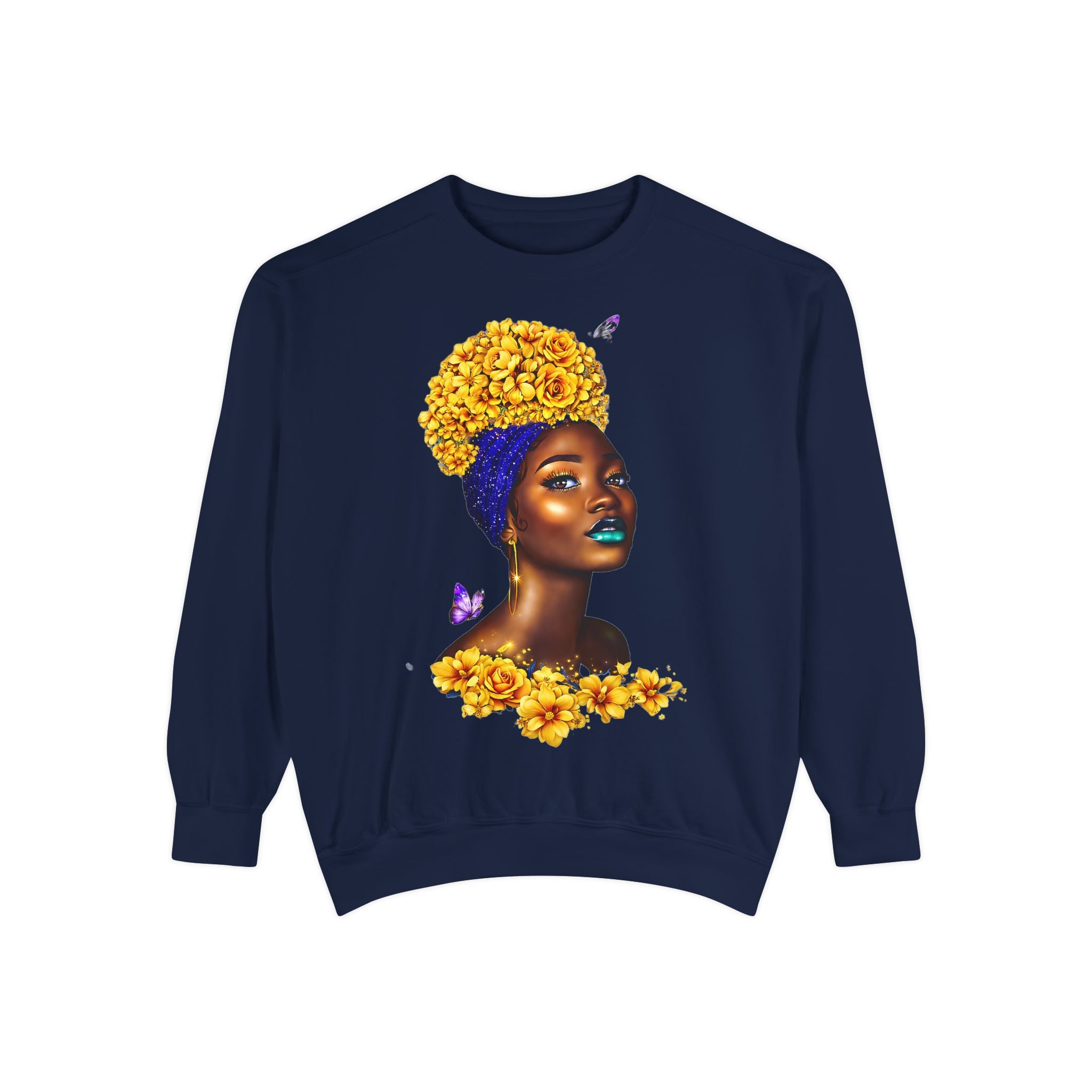 Floral Crown Afro Goddess Sweatshirt — Empowering Black Beauty Crewneck
