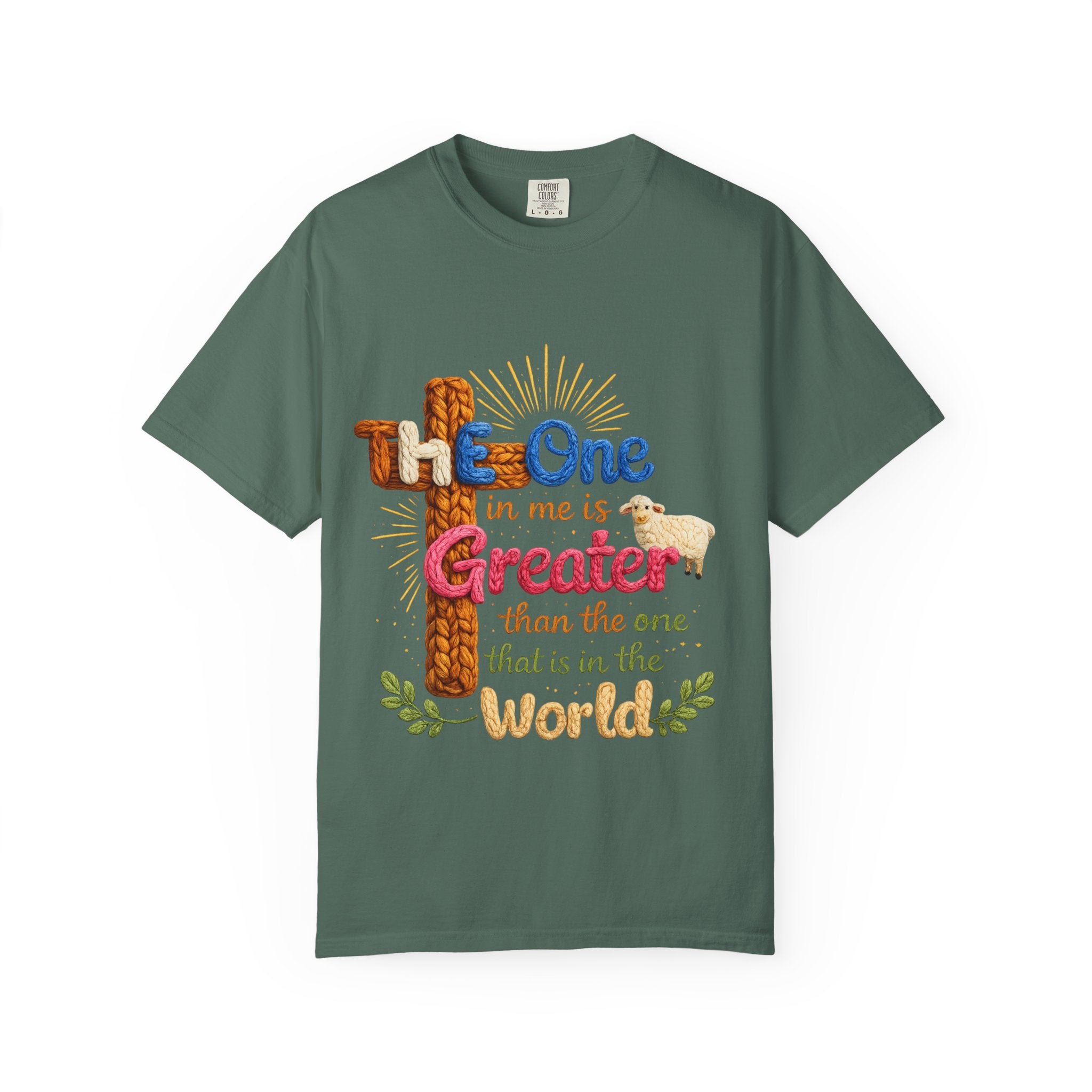 The One in Me Is Greater Shirt – Christian Crochet Style Graphic Tee, Faith Based Inspirational Bible Verse Shirt, Cute Religious Gift for Women