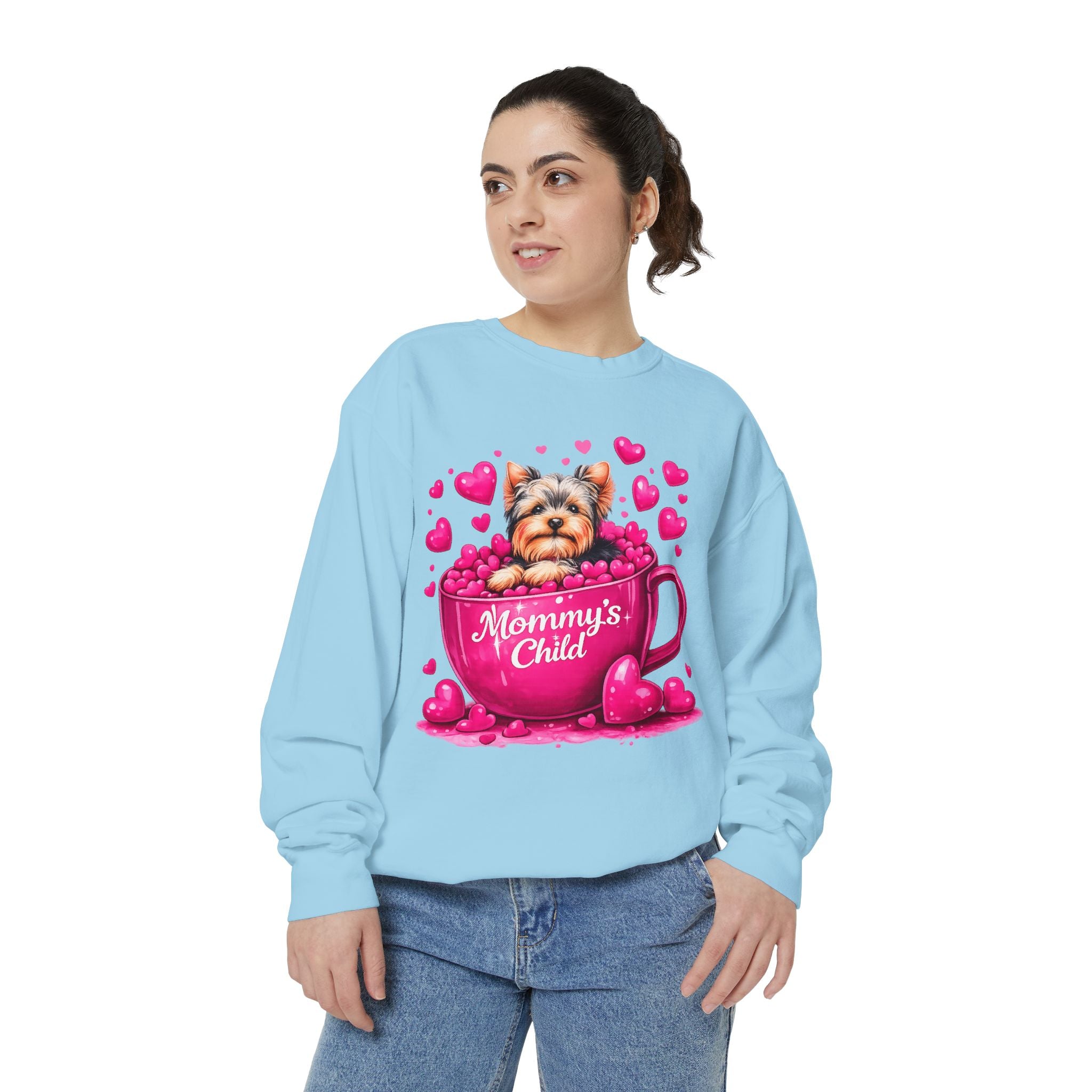 Mommy’s Child Yorkie Shirt – Cute Puppy in Mug Graphic Tee, Dog Lover Gift, Pink Heart Aesthetic, Yorkshire Terrier T-Shirt for Women