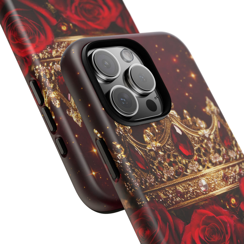 Royal Crown & Red Rose Luxury Phone Case – Gold Crown Burgundy Aesthetic iPhone Case, Regal Queen Floral Phone Cover