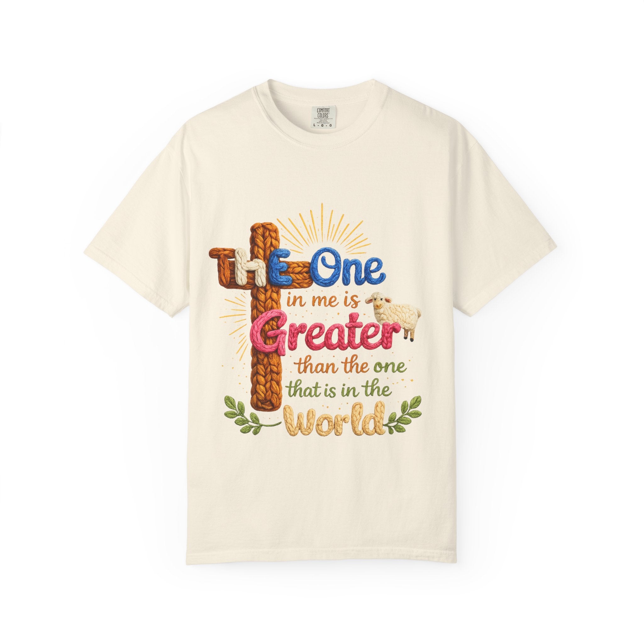 The One in Me Is Greater Shirt – Christian Crochet Style Graphic Tee, Faith Based Inspirational Bible Verse Shirt, Cute Religious Gift for Women