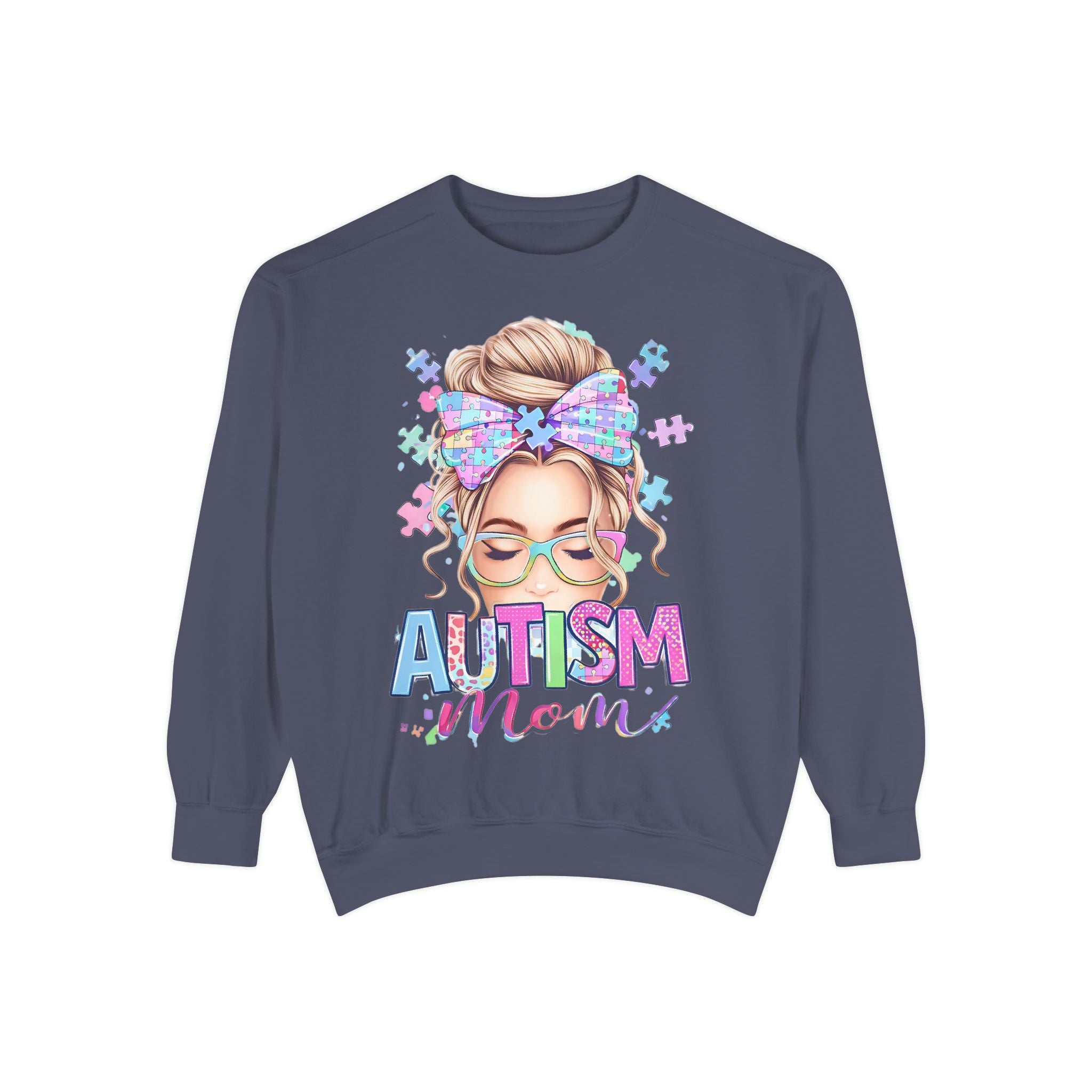 Autism Mom Sweatshirt — Puzzle-Print Headband & Pastel Logo Crewneck