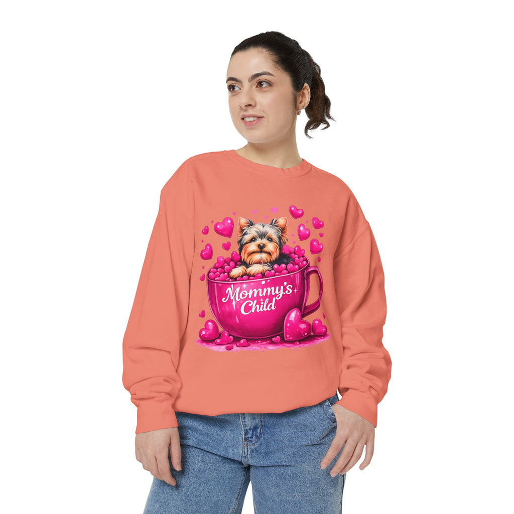 Mommy’s Child Yorkie Shirt – Cute Puppy in Mug Graphic Tee, Dog Lover Gift, Pink Heart Aesthetic, Yorkshire Terrier T-Shirt for Women