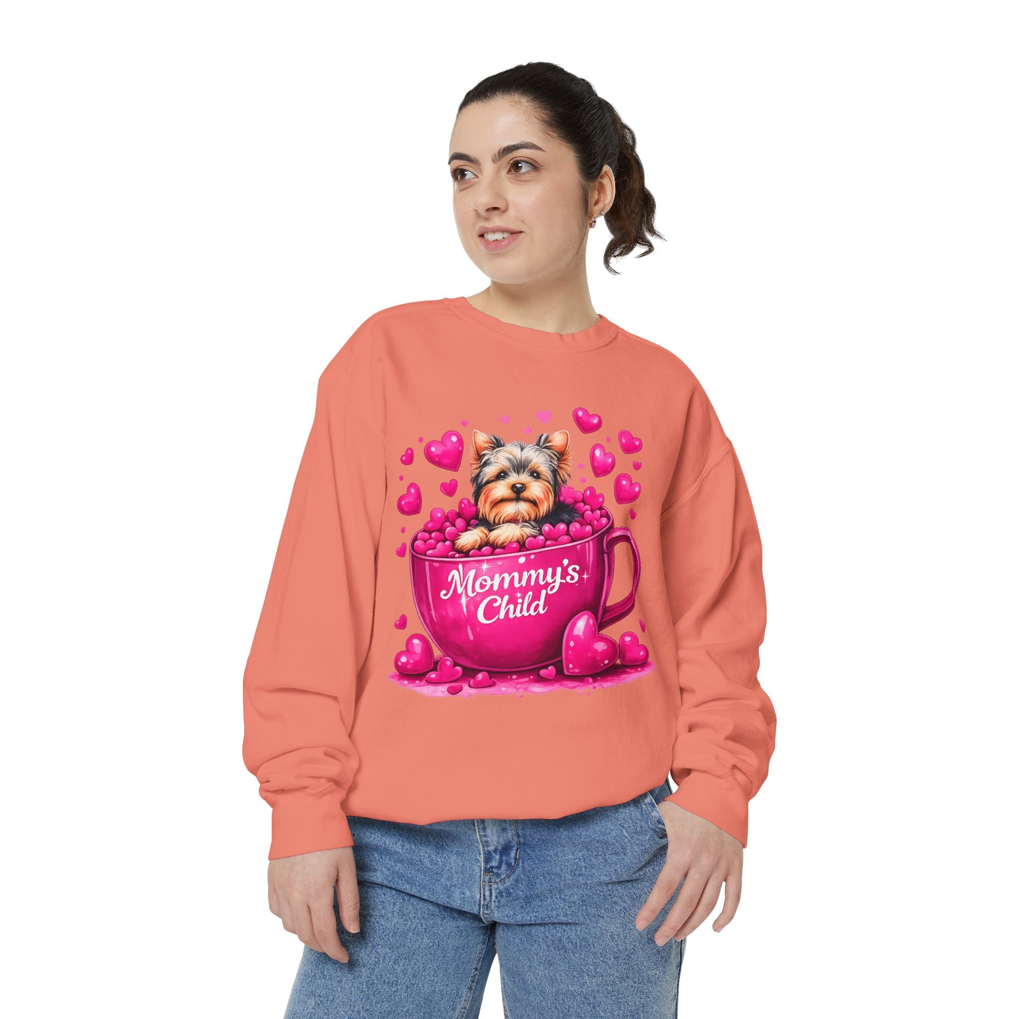 Mommy’s Child Yorkie Shirt – Cute Puppy in Mug Graphic Tee, Dog Lover Gift, Pink Heart Aesthetic, Yorkshire Terrier T-Shirt for Women