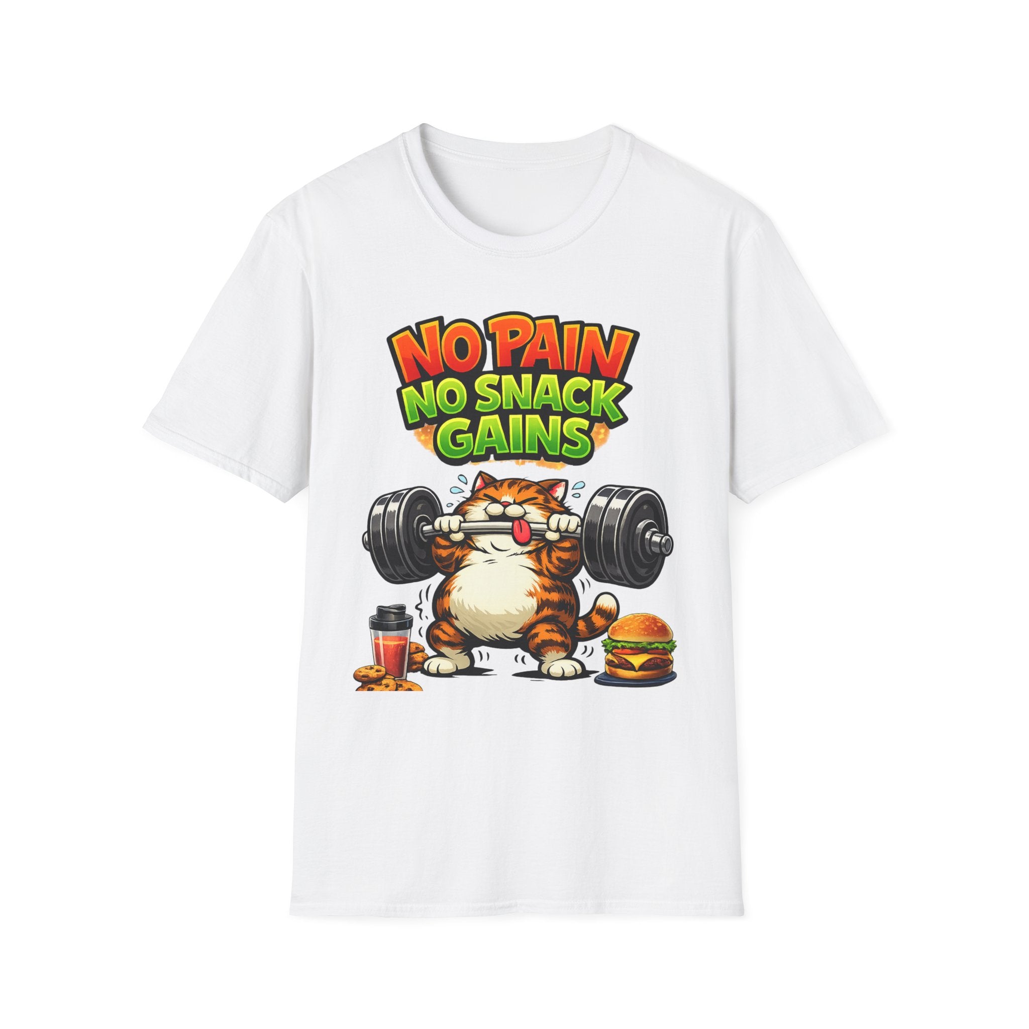 Funny Gym Cat Shirt, No Pain No Snack Gains Tee, Workout Motivation Shirt, Fitness Humor T-Shirt for Men & Women