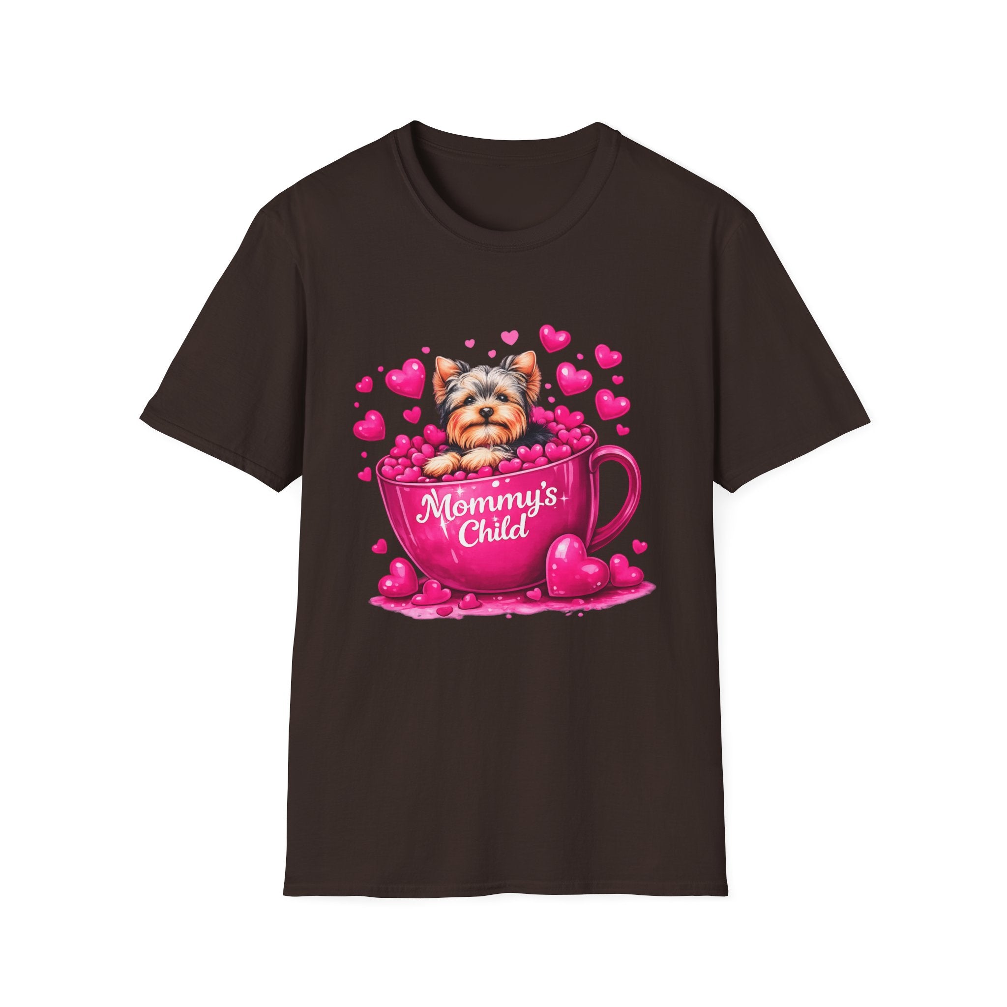 Mommy’s Child Yorkie Shirt – Cute Puppy in Mug Graphic Tee, Dog Lover Gift, Pink Heart Aesthetic, Yorkshire Terrier T-Shirt for Women