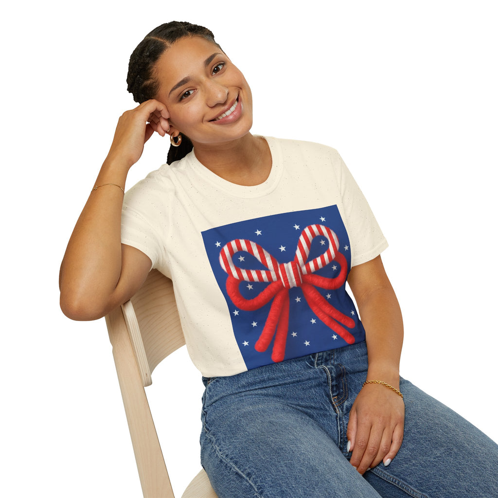 Patriotic Bow T-Shirt – Cute 4th of July Shirt for Women, American Flag Coquette Tee, Red White Blue USA Outfit