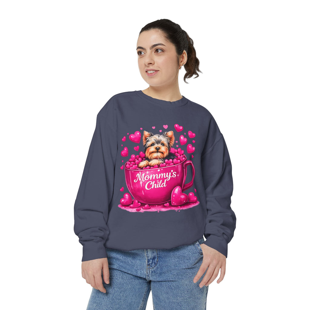 Mommy’s Child Yorkie Shirt – Cute Puppy in Mug Graphic Tee, Dog Lover Gift, Pink Heart Aesthetic, Yorkshire Terrier T-Shirt for Women