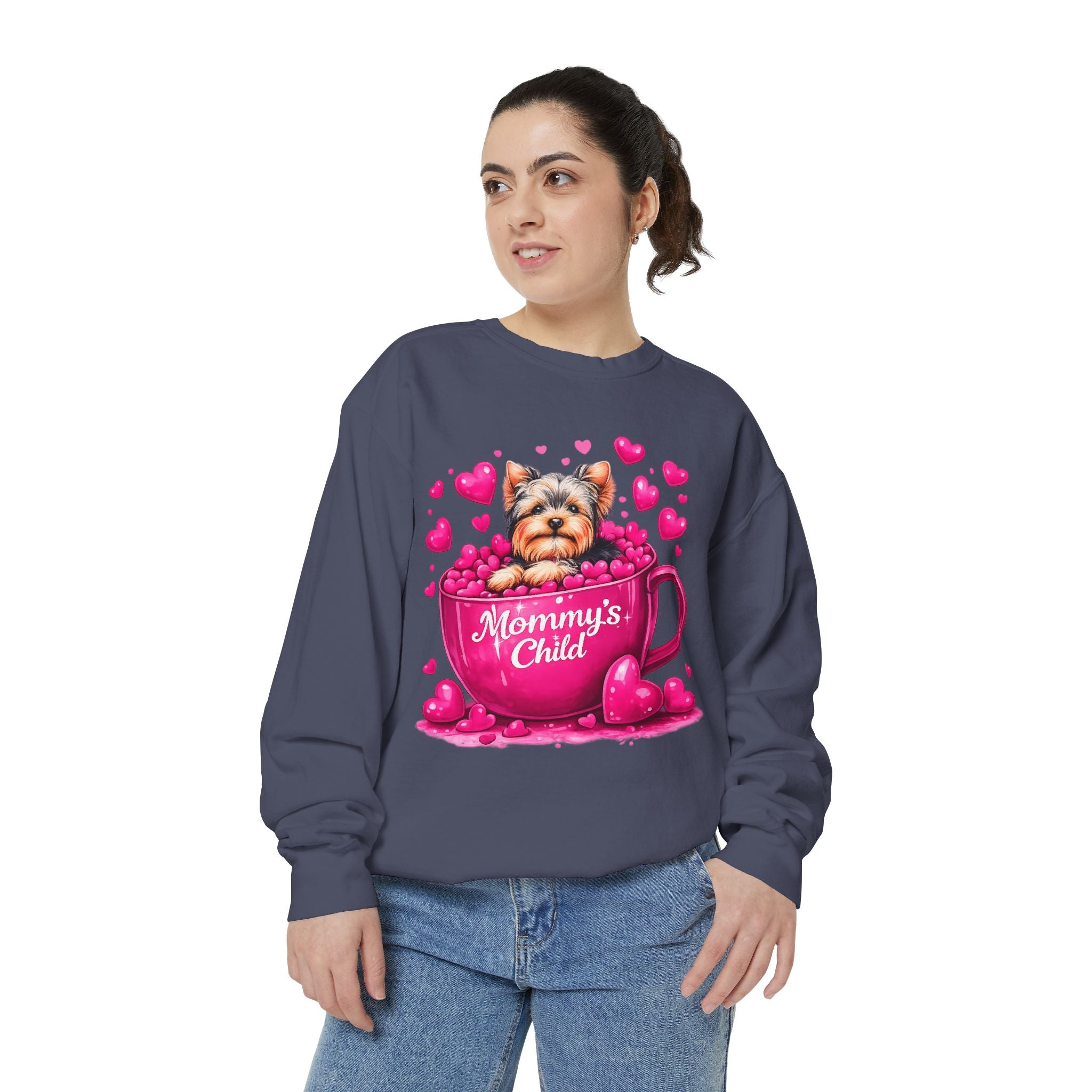 Mommy’s Child Yorkie Shirt – Cute Puppy in Mug Graphic Tee, Dog Lover Gift, Pink Heart Aesthetic, Yorkshire Terrier T-Shirt for Women