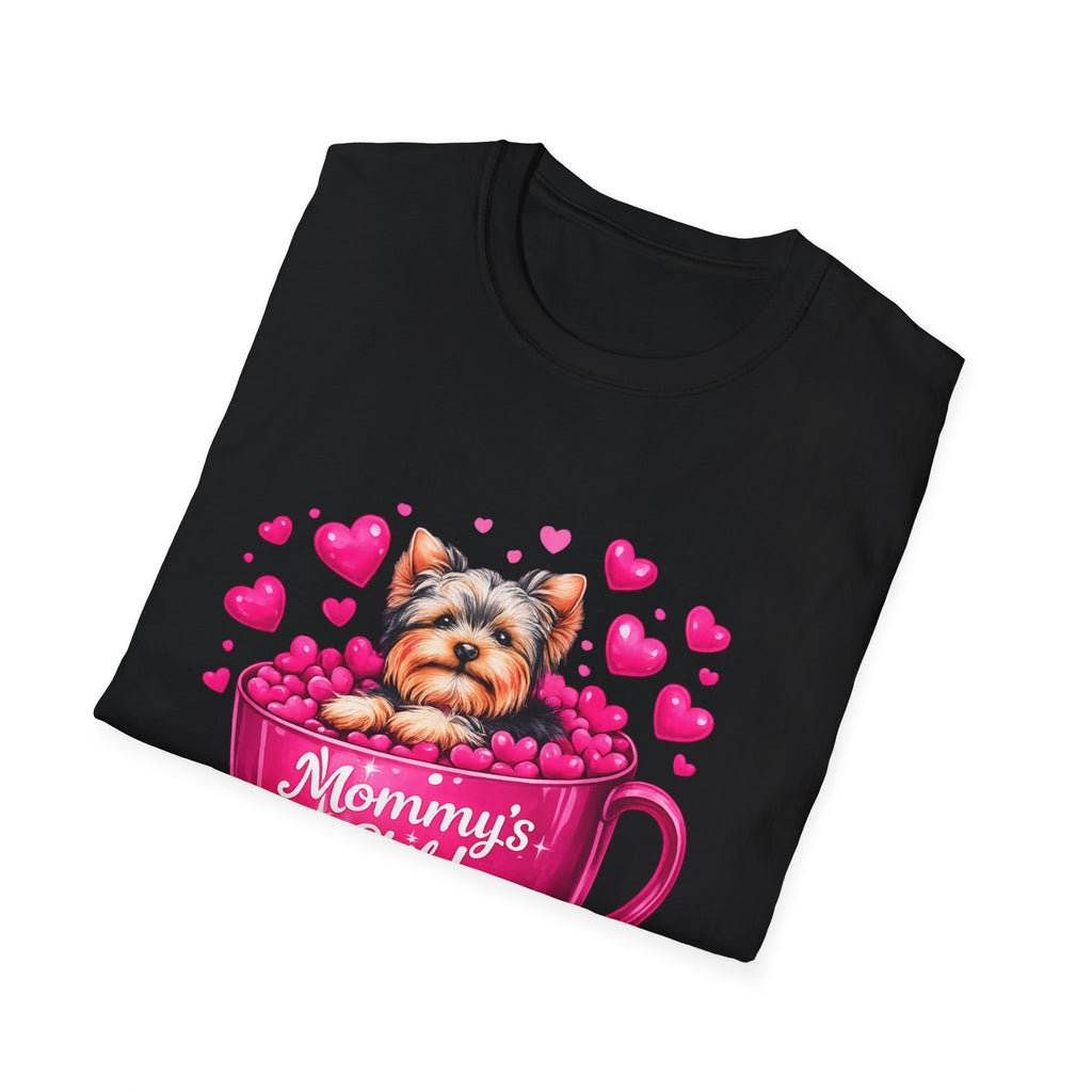 Mommy’s Child Yorkie Shirt – Cute Puppy in Mug Graphic Tee, Dog Lover Gift, Pink Heart Aesthetic, Yorkshire Terrier T-Shirt for Women
