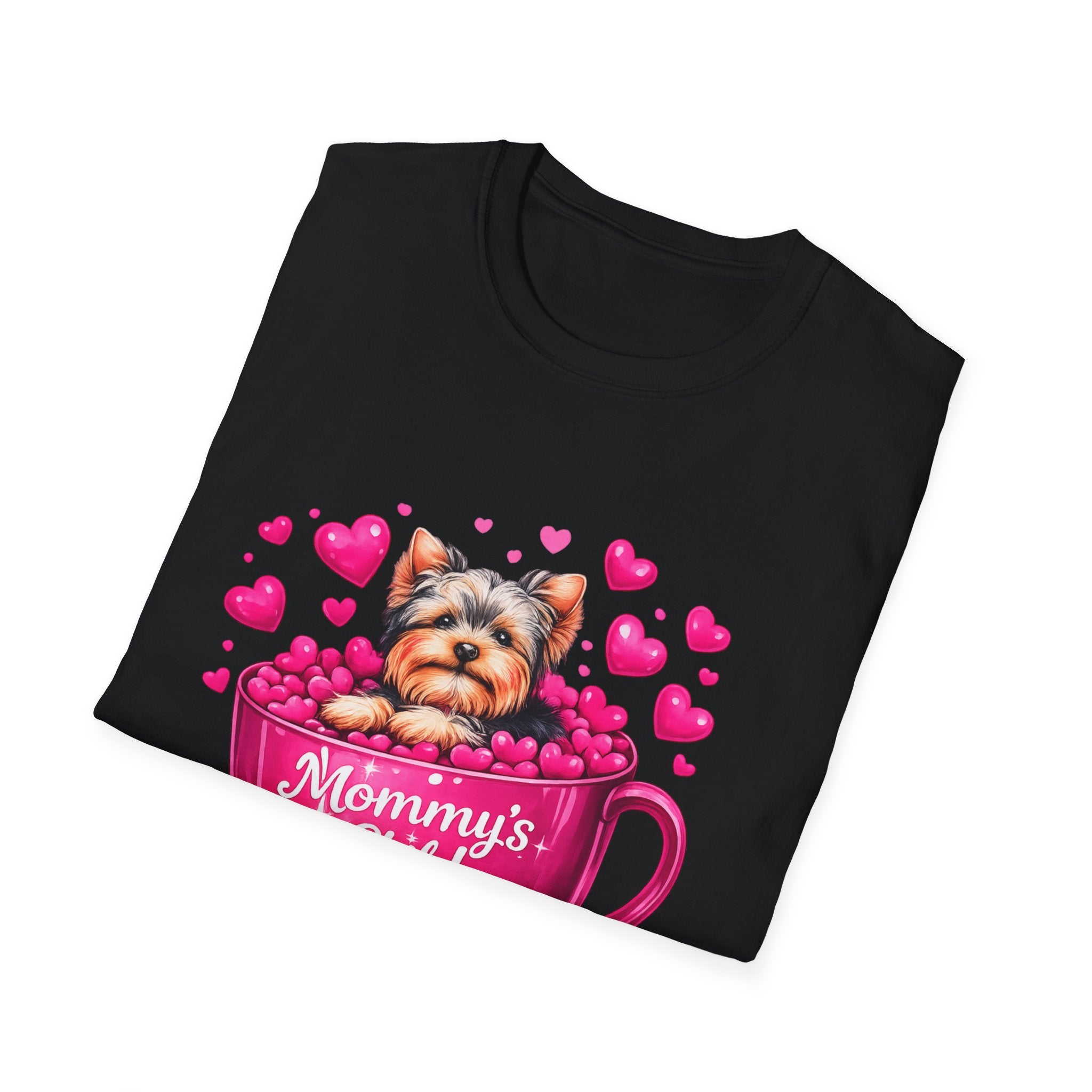 Mommy’s Child Yorkie Shirt – Cute Puppy in Mug Graphic Tee, Dog Lover Gift, Pink Heart Aesthetic, Yorkshire Terrier T-Shirt for Women