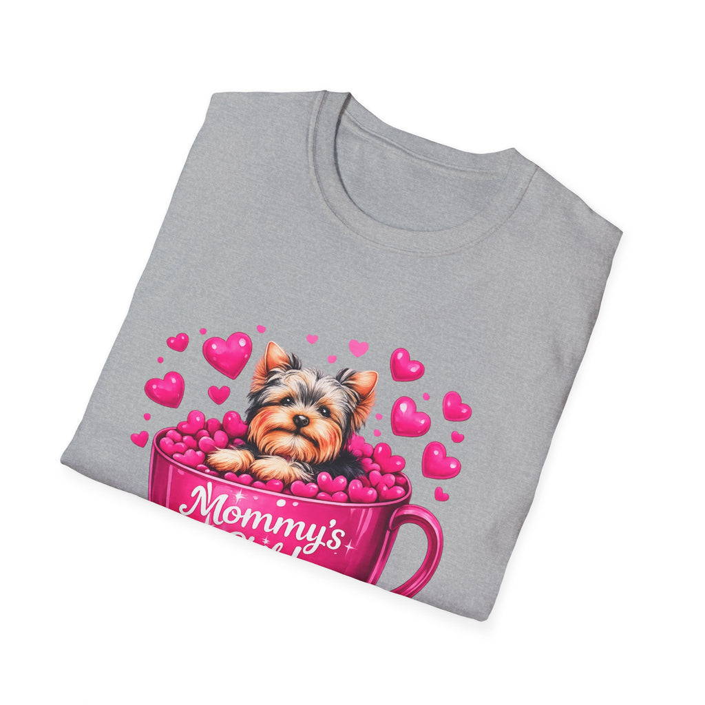 Mommy’s Child Yorkie Shirt – Cute Puppy in Mug Graphic Tee, Dog Lover Gift, Pink Heart Aesthetic, Yorkshire Terrier T-Shirt for Women