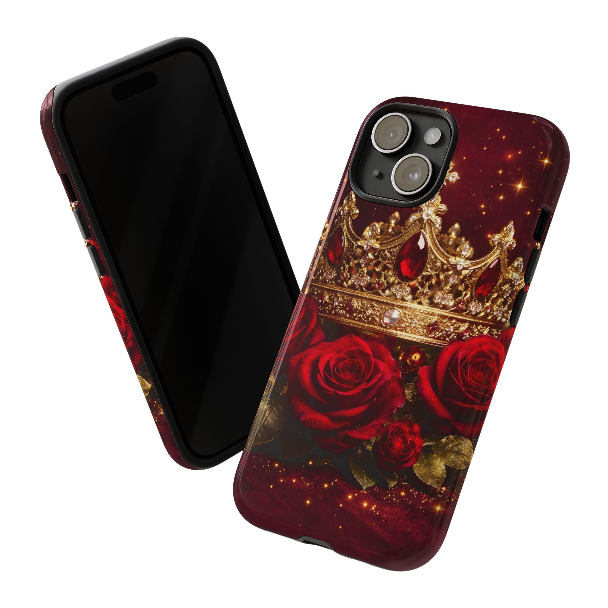 Royal Crown & Red Rose Luxury Phone Case – Gold Crown Burgundy Aesthetic iPhone Case, Regal Queen Floral Phone Cover