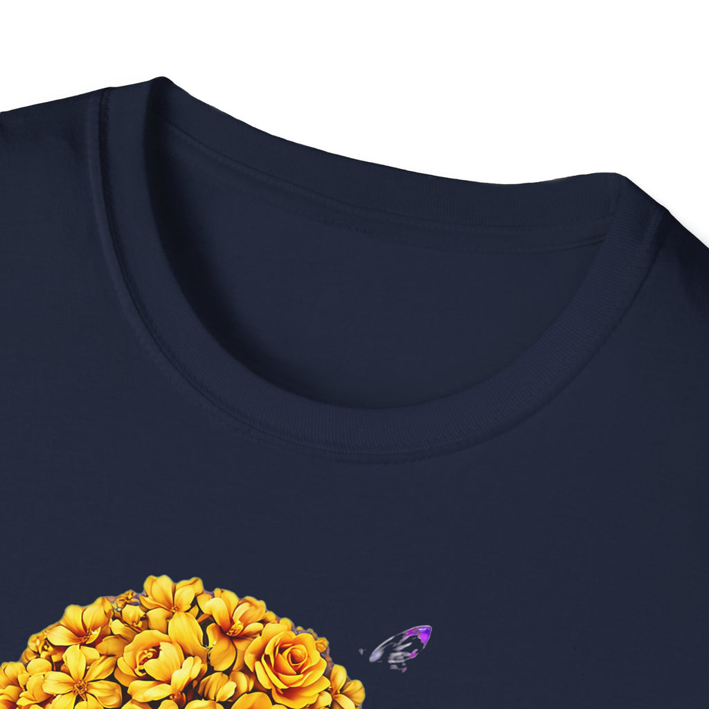 Floral Crown Portrait T-Shirt — Afrocentric Art Tee with Yellow Flower Headwrap