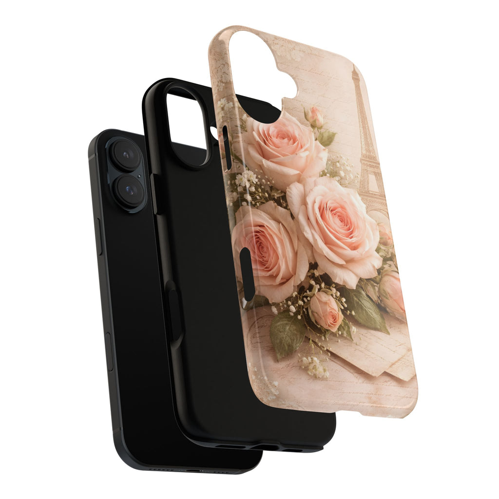 Vintage Parisian Rose Phone Case – Eiffel Tower Floral Aesthetic Luxury iPhone Case, Romantic Antique Paris Phone Cover