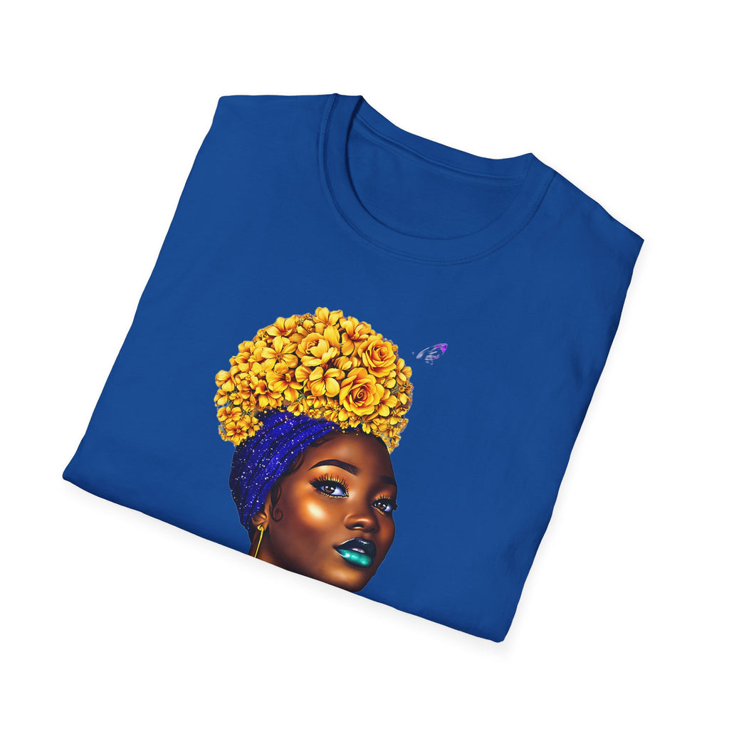 Floral Crown Portrait T-Shirt — Afrocentric Art Tee with Yellow Flower Headwrap