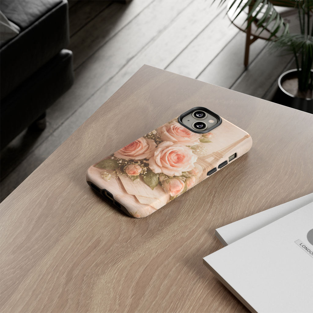 Vintage Parisian Rose Phone Case – Eiffel Tower Floral Aesthetic Luxury iPhone Case, Romantic Antique Paris Phone Cover