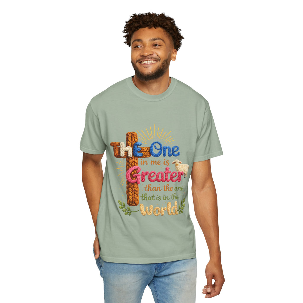 The One in Me Is Greater Shirt – Christian Crochet Style Graphic Tee, Faith Based Inspirational Bible Verse Shirt, Cute Religious Gift for Women
