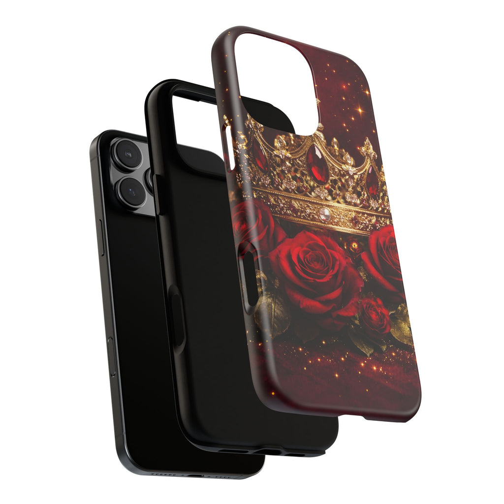 Royal Crown & Red Rose Luxury Phone Case – Gold Crown Burgundy Aesthetic iPhone Case, Regal Queen Floral Phone Cover