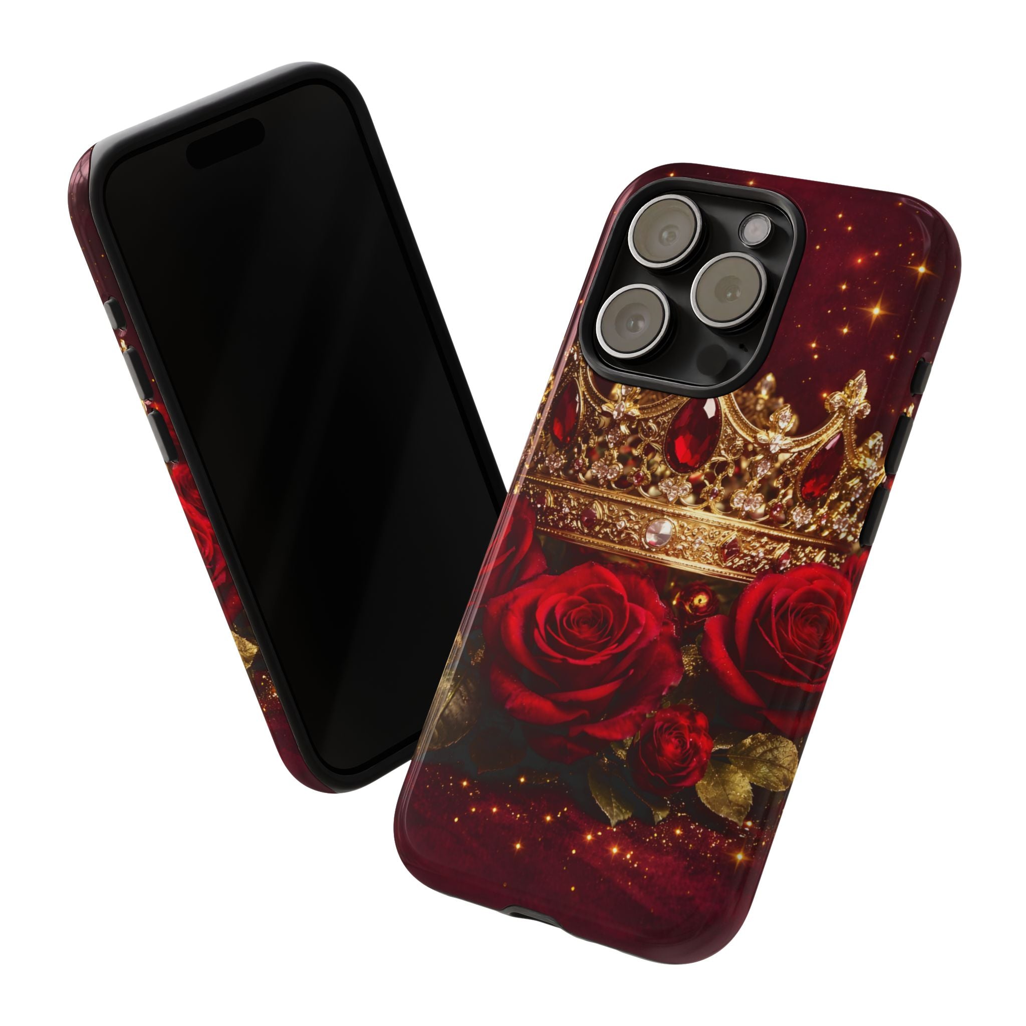 Royal Crown & Red Rose Luxury Phone Case – Gold Crown Burgundy Aesthetic iPhone Case, Regal Queen Floral Phone Cover