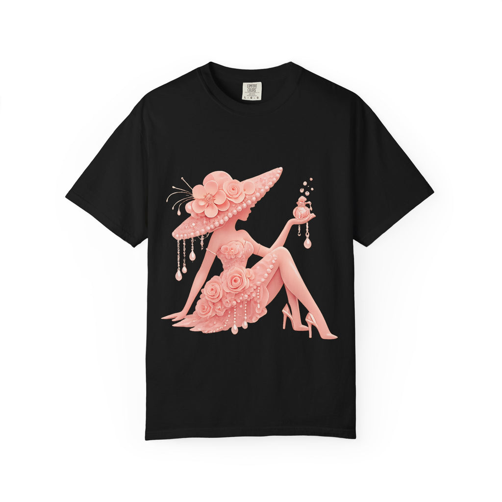 Coquette Floral Lady T-Shirt – Vintage Pink Rose Girl Graphic Tee, Feminine Aesthetic Shirt, Soft Glam Fashion Top for Women
