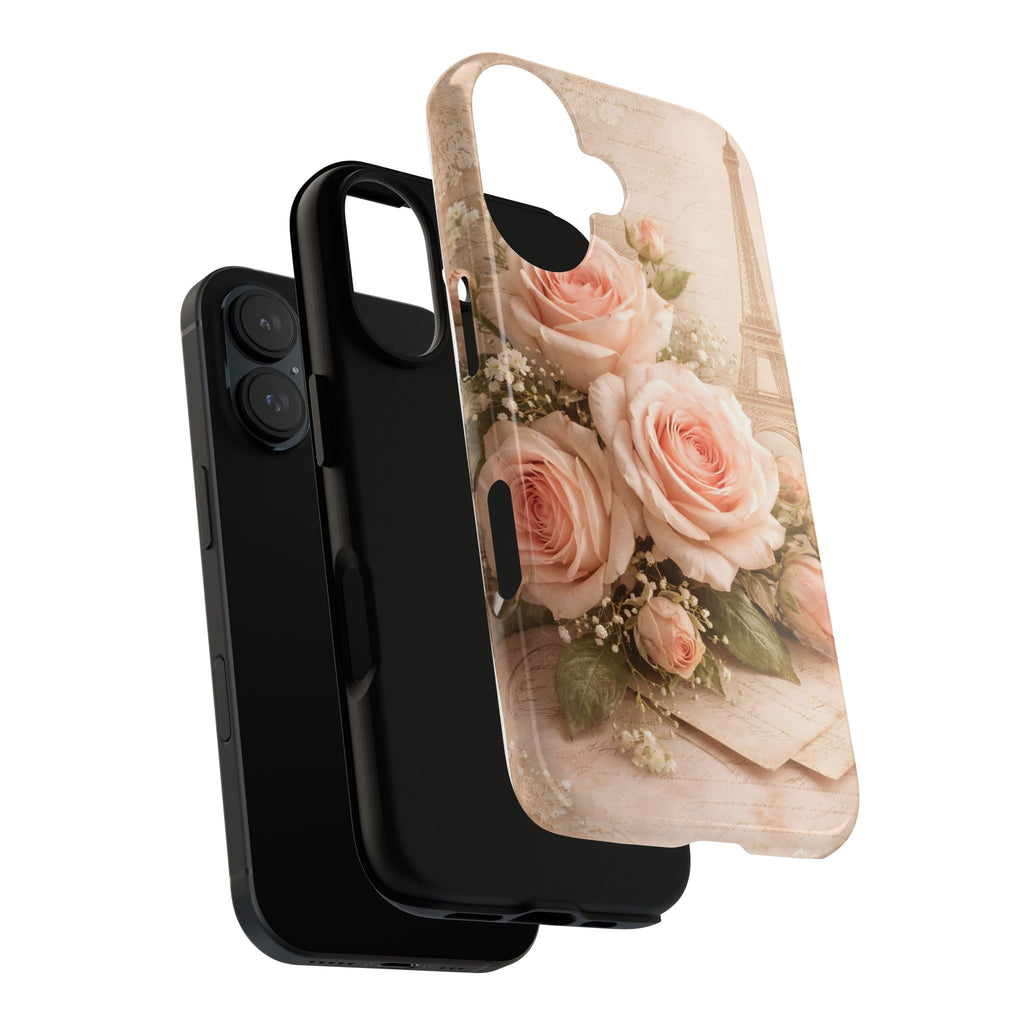 Vintage Parisian Rose Phone Case – Eiffel Tower Floral Aesthetic Luxury iPhone Case, Romantic Antique Paris Phone Cover