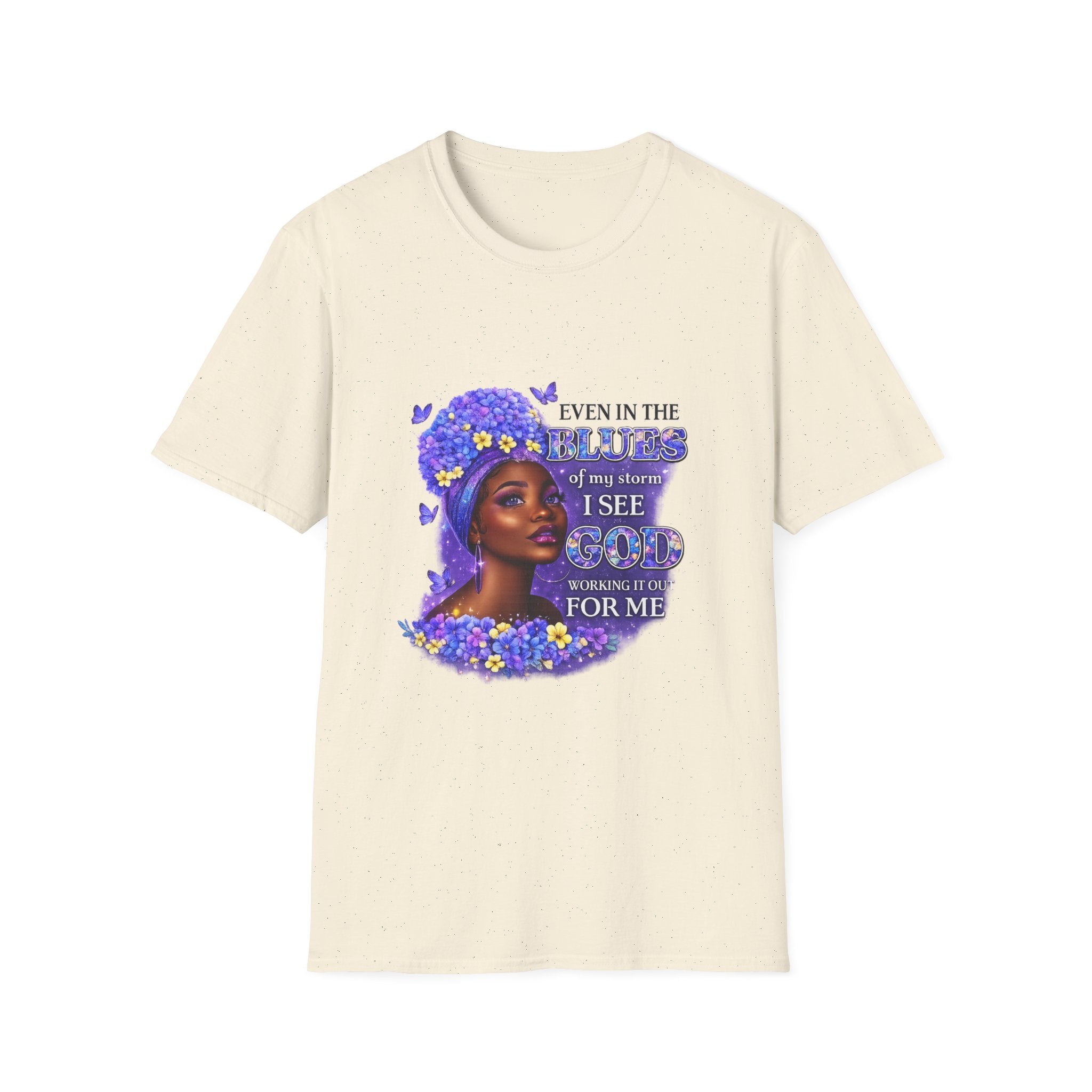 Inspirational Black Woman T-Shirt — "Even in the Darkness I See God Working for Me" Floral Portrait