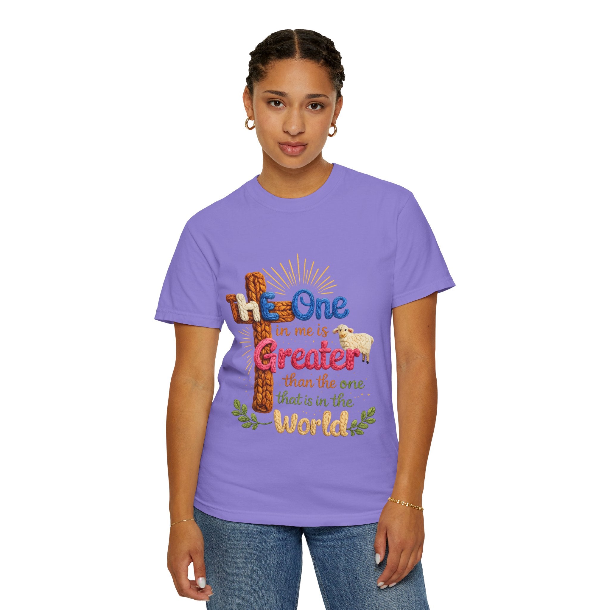 The One in Me Is Greater Shirt – Christian Crochet Style Graphic Tee, Faith Based Inspirational Bible Verse Shirt, Cute Religious Gift for Women