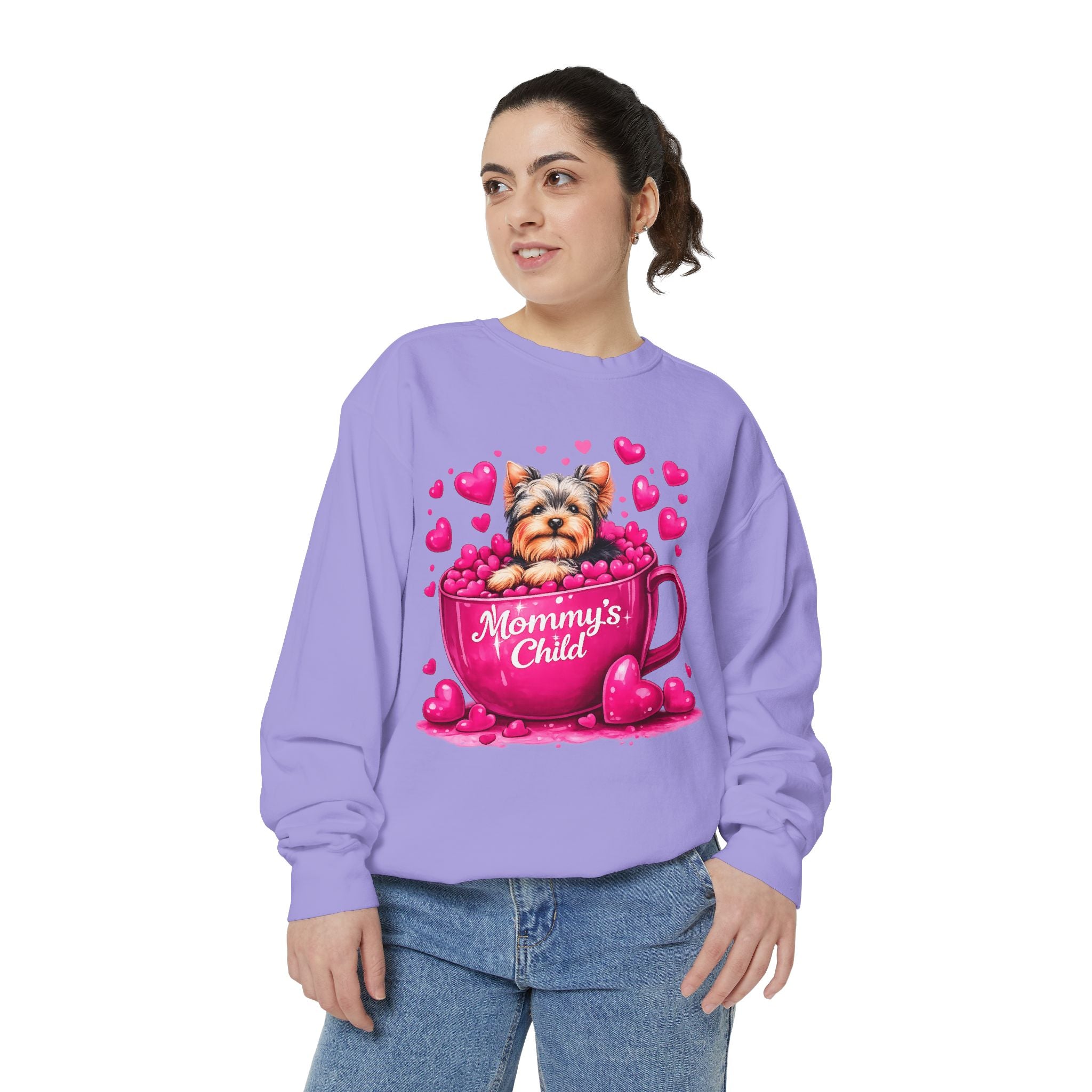 Mommy’s Child Yorkie Shirt – Cute Puppy in Mug Graphic Tee, Dog Lover Gift, Pink Heart Aesthetic, Yorkshire Terrier T-Shirt for Women