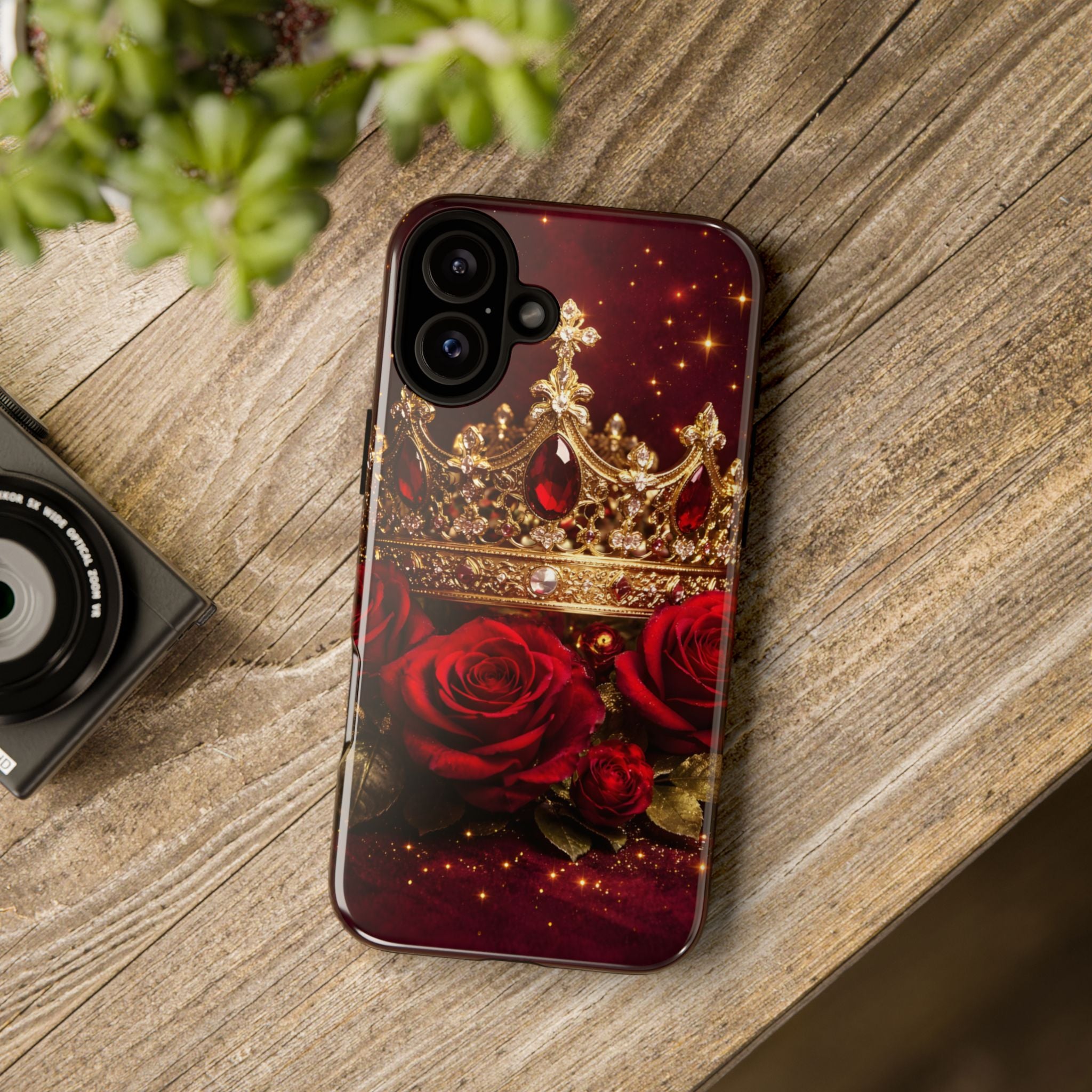 Royal Crown & Red Rose Luxury Phone Case – Gold Crown Burgundy Aesthetic iPhone Case, Regal Queen Floral Phone Cover