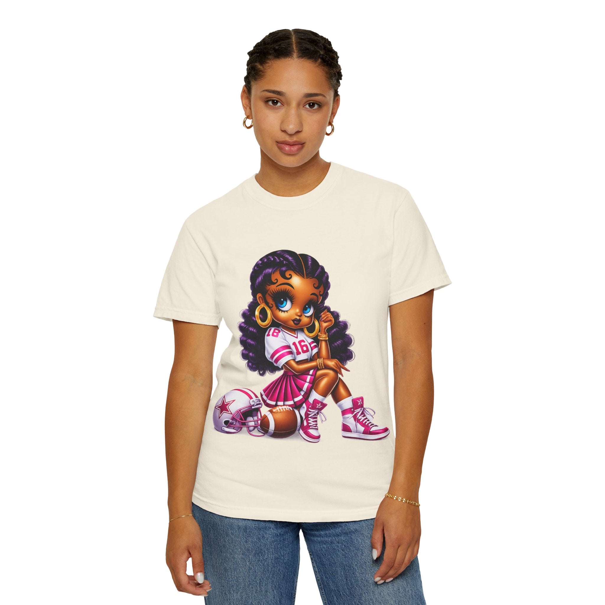 Fuchsia Football Girl Shirt – Cute Black Girl Sports Graphic Tee, Pink Cheerleader Outfit, Trendy Game Day Women’s Shirt, Girly Athlete T-Shirt