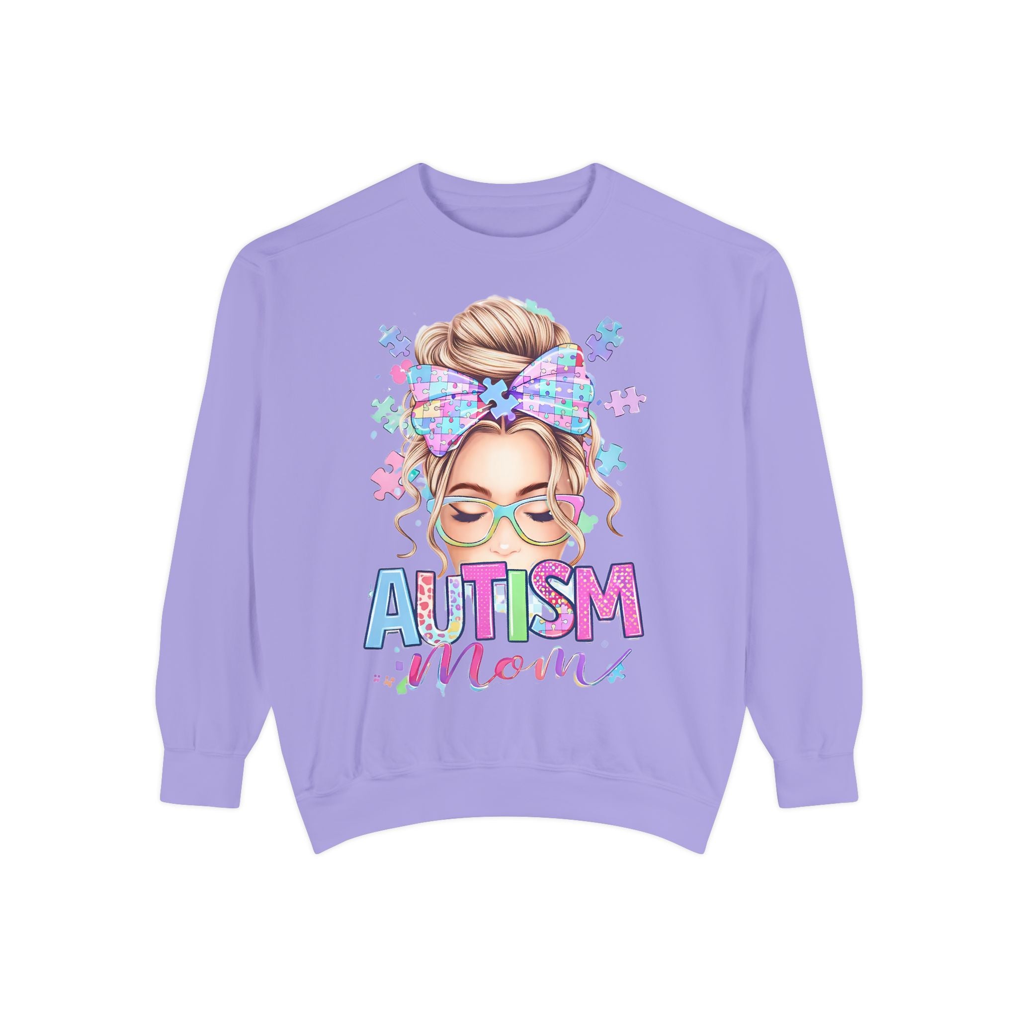 Autism Mom Sweatshirt — Puzzle-Print Headband & Pastel Logo Crewneck