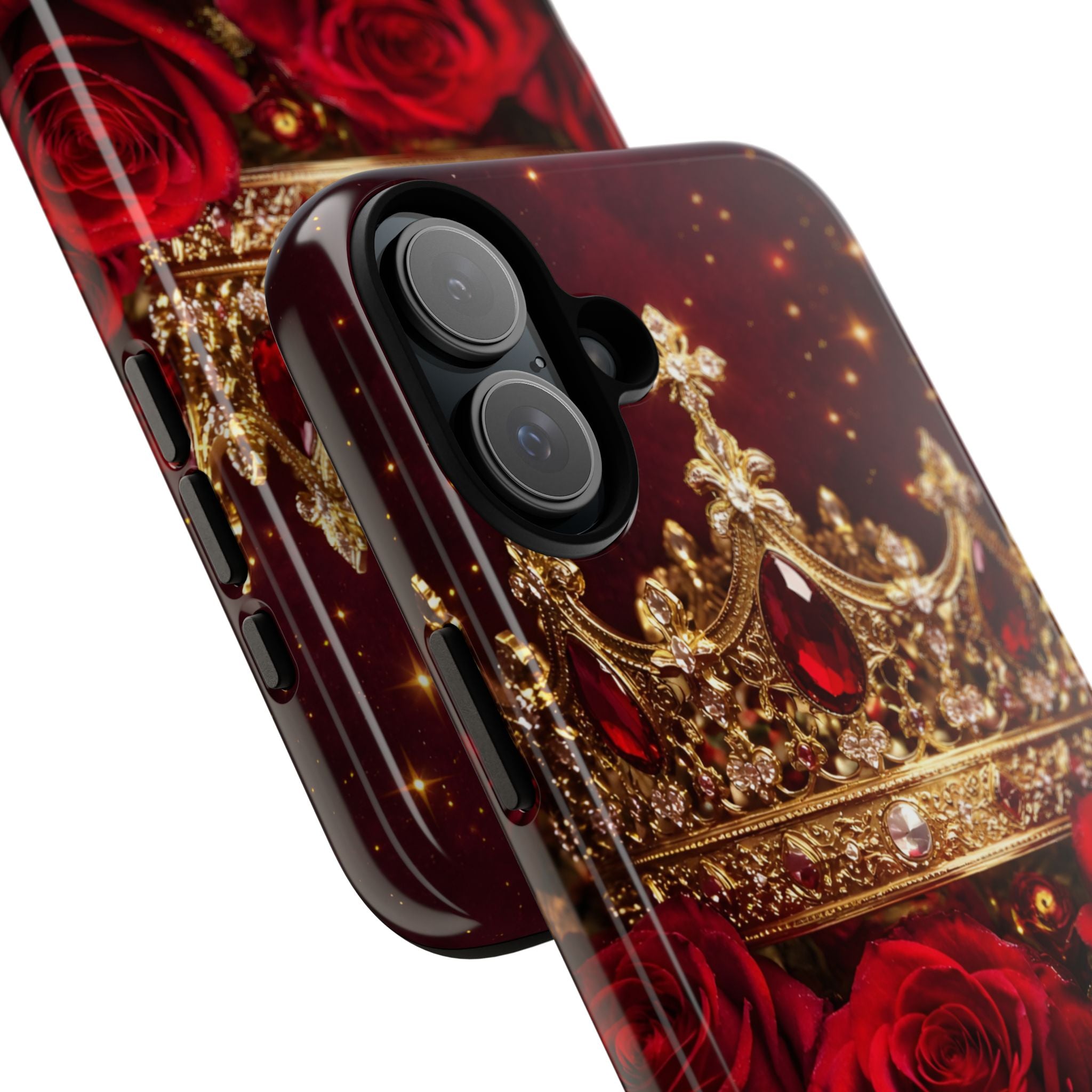 Royal Crown & Red Rose Luxury Phone Case – Gold Crown Burgundy Aesthetic iPhone Case, Regal Queen Floral Phone Cover