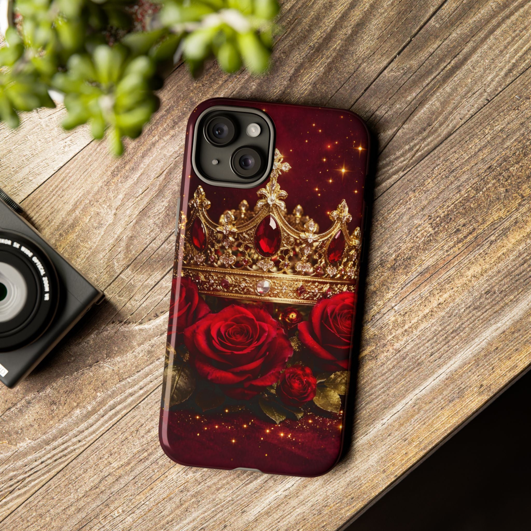 Royal Crown & Red Rose Luxury Phone Case – Gold Crown Burgundy Aesthetic iPhone Case, Regal Queen Floral Phone Cover