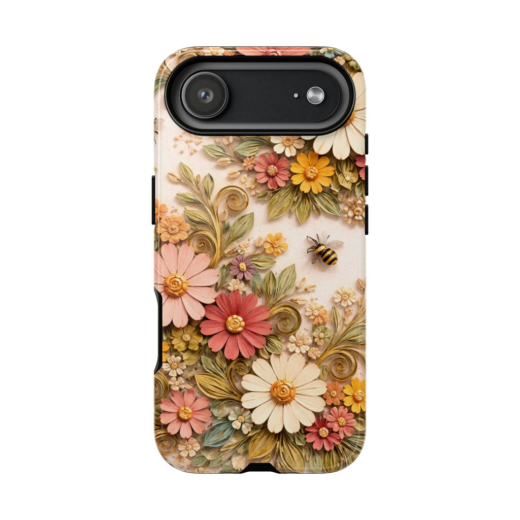 Floral Daisies Tough Phone Case — Vintage Garden Butterflies & Bees Protective Cover