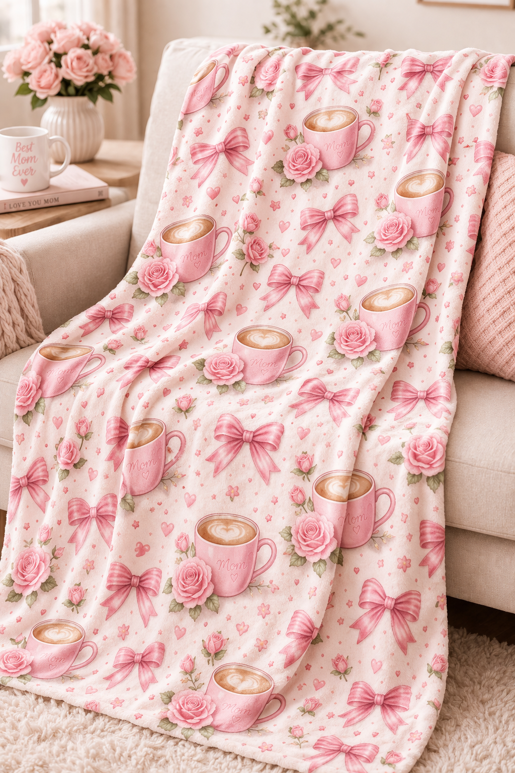 Cozy Pink Bow Blanket for Mom – Floral Rose & Coffee Mug Plush Throw, Soft Girly Coquette Blanket, Cute Gift for Mom, Home Decor