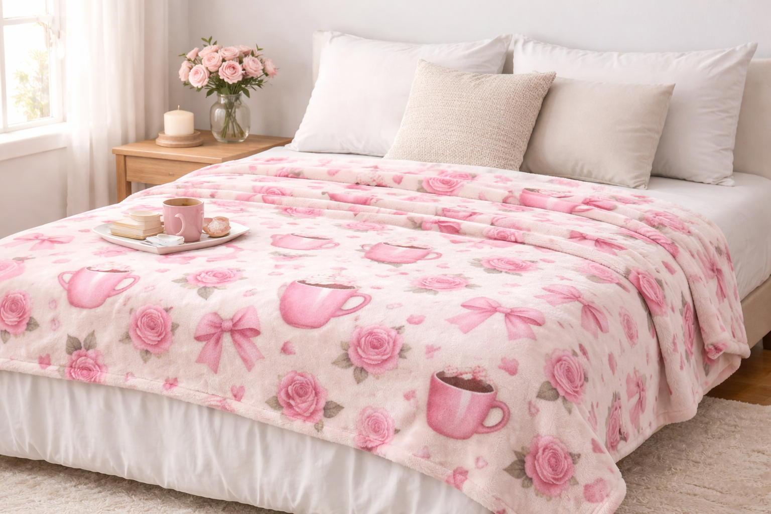 Cozy Pink Bow Blanket for Mom – Floral Rose & Coffee Mug Plush Throw, Soft Girly Coquette Blanket, Cute Gift for Mom, Home Decor