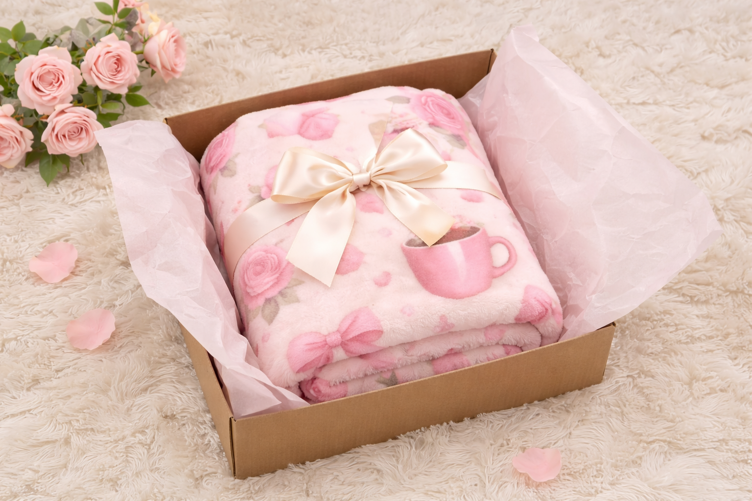 Cozy Pink Bow Blanket for Mom – Floral Rose & Coffee Mug Plush Throw, Soft Girly Coquette Blanket, Cute Gift for Mom, Home Decor