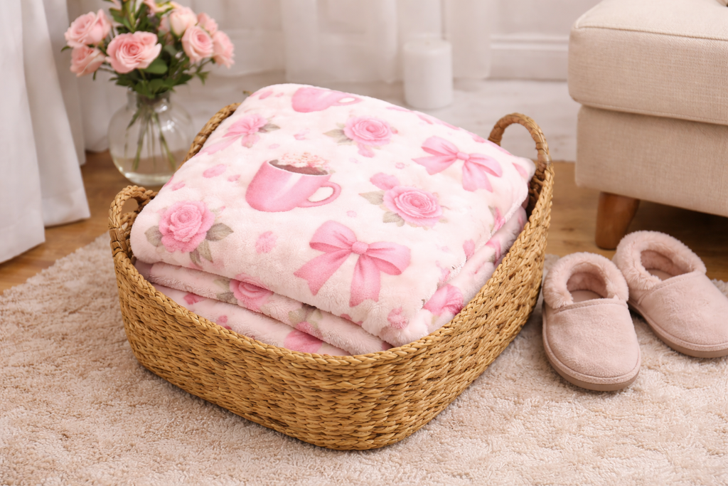Cozy Pink Bow Blanket for Mom – Floral Rose & Coffee Mug Plush Throw, Soft Girly Coquette Blanket, Cute Gift for Mom, Home Decor