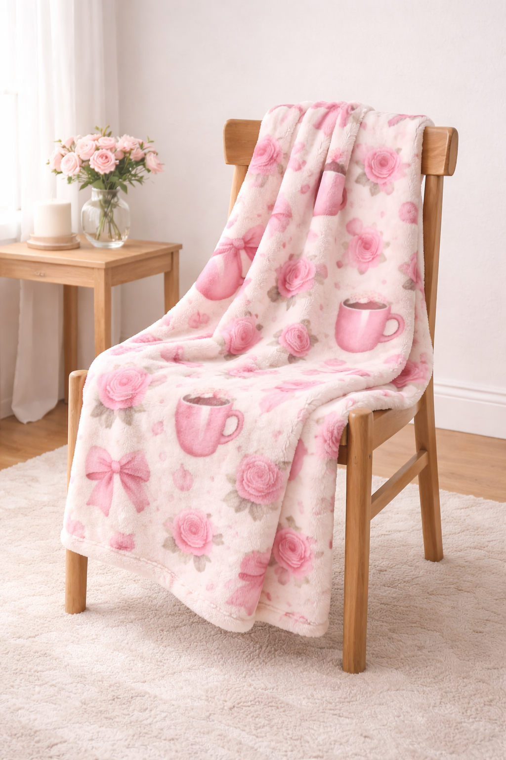 Cozy Pink Bow Blanket for Mom – Floral Rose & Coffee Mug Plush Throw, Soft Girly Coquette Blanket, Cute Gift for Mom, Home Decor
