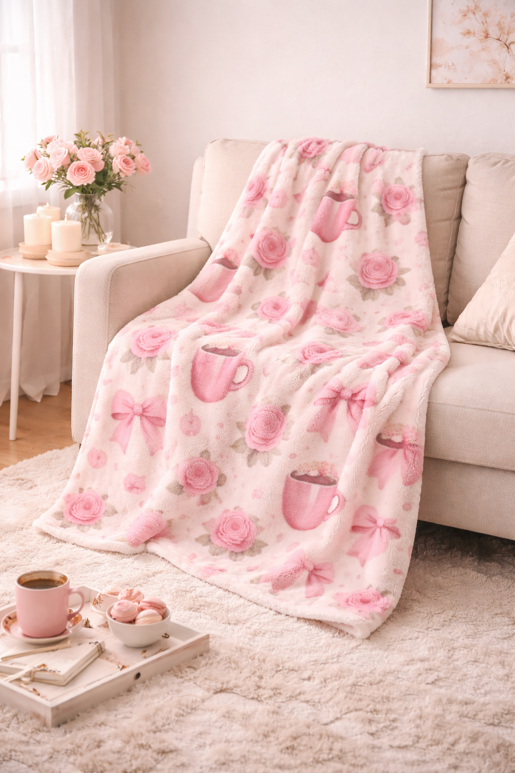 Cozy Pink Bow Blanket for Mom – Floral Rose & Coffee Mug Plush Throw, Soft Girly Coquette Blanket, Cute Gift for Mom, Home Decor