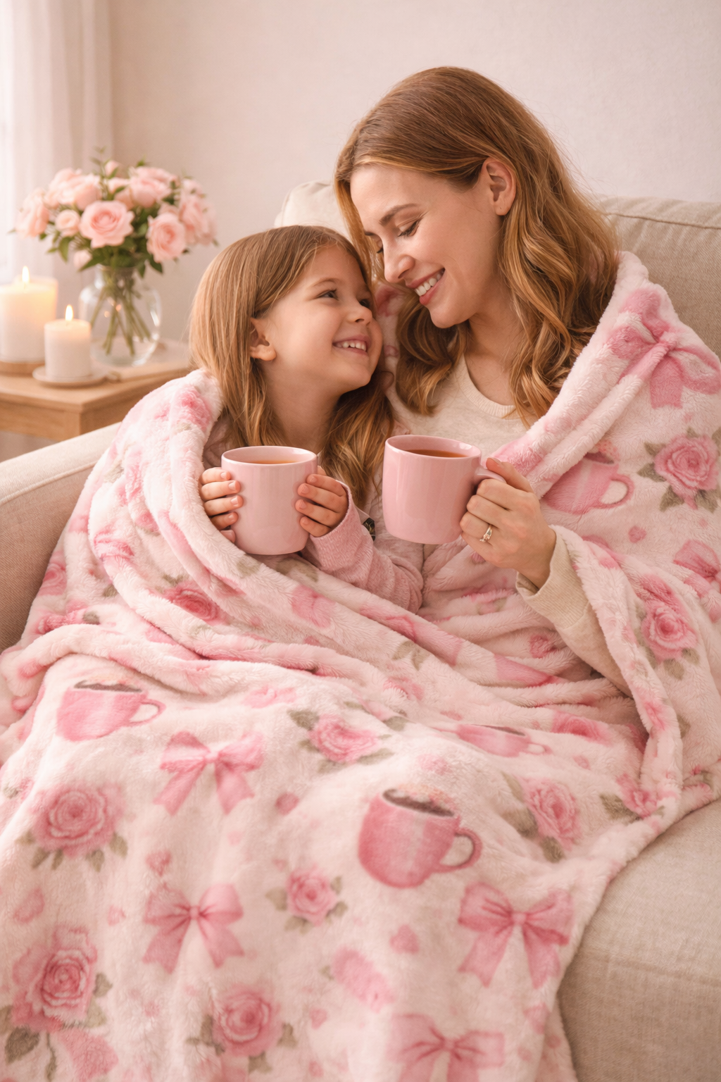 Cozy Pink Bow Blanket for Mom – Floral Rose & Coffee Mug Plush Throw, Soft Girly Coquette Blanket, Cute Gift for Mom, Home Decor