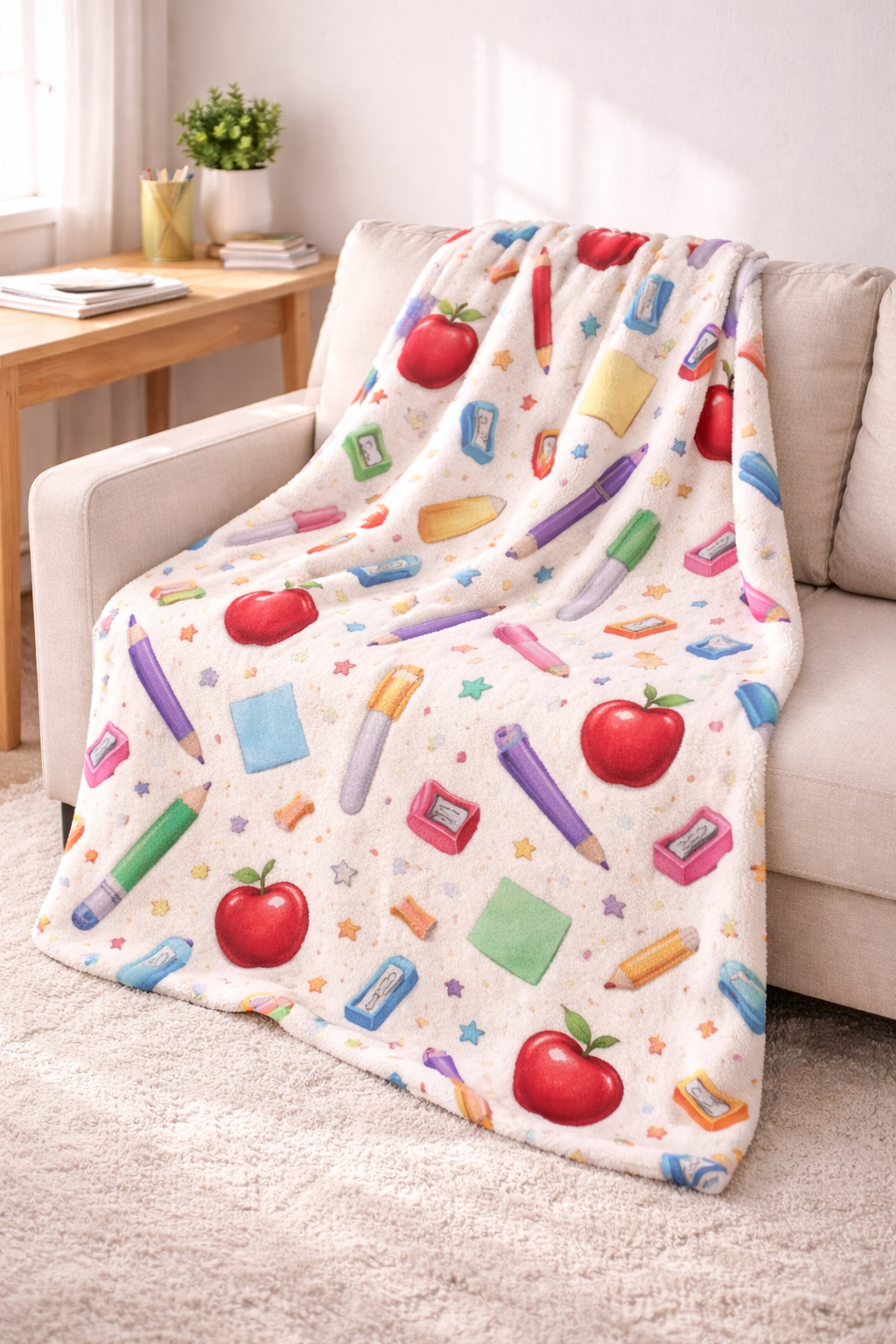 Teacher Appreciation Blanket – Colorful School Supplies Plush Throw, Cute Teacher Gift, End of Year Teacher Present, Cozy Classroom Decor”