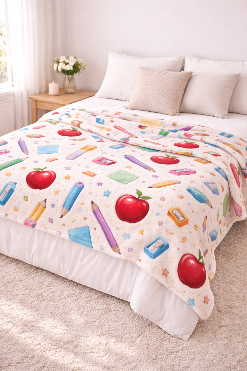 Teacher Appreciation Blanket – Colorful School Supplies Plush Throw, Cute Teacher Gift, End of Year Teacher Present, Cozy Classroom Decor”