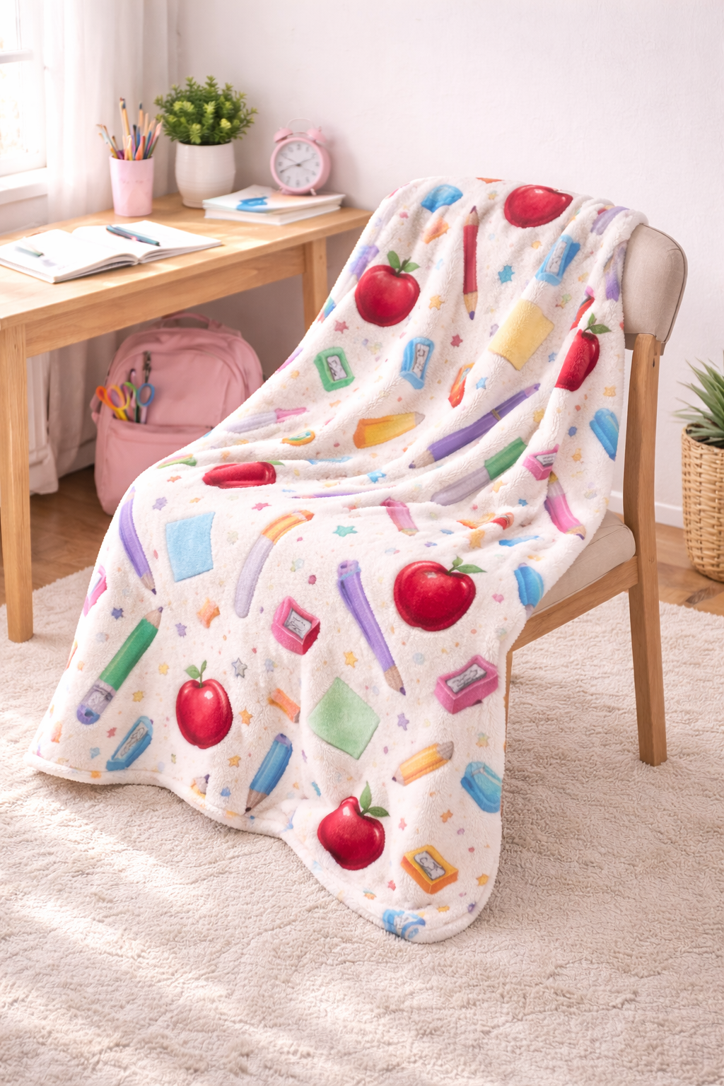 Teacher Appreciation Blanket – Colorful School Supplies Plush Throw, Cute Teacher Gift, End of Year Teacher Present, Cozy Classroom Decor”