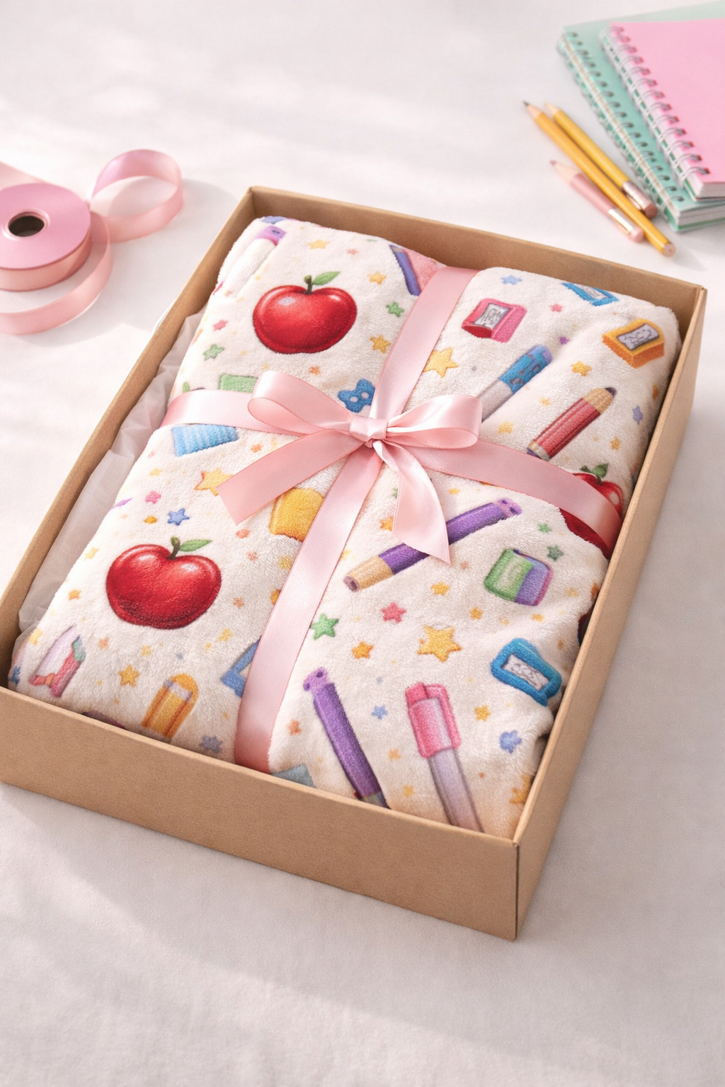 Teacher Appreciation Blanket – Colorful School Supplies Plush Throw, Cute Teacher Gift, End of Year Teacher Present, Cozy Classroom Decor”
